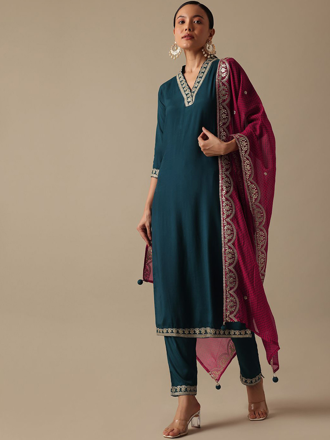 

KALKI Fashion Ethnic Motifs Yoke Design Thread Work Straight Kurta with Trousers & Dupatta, Teal