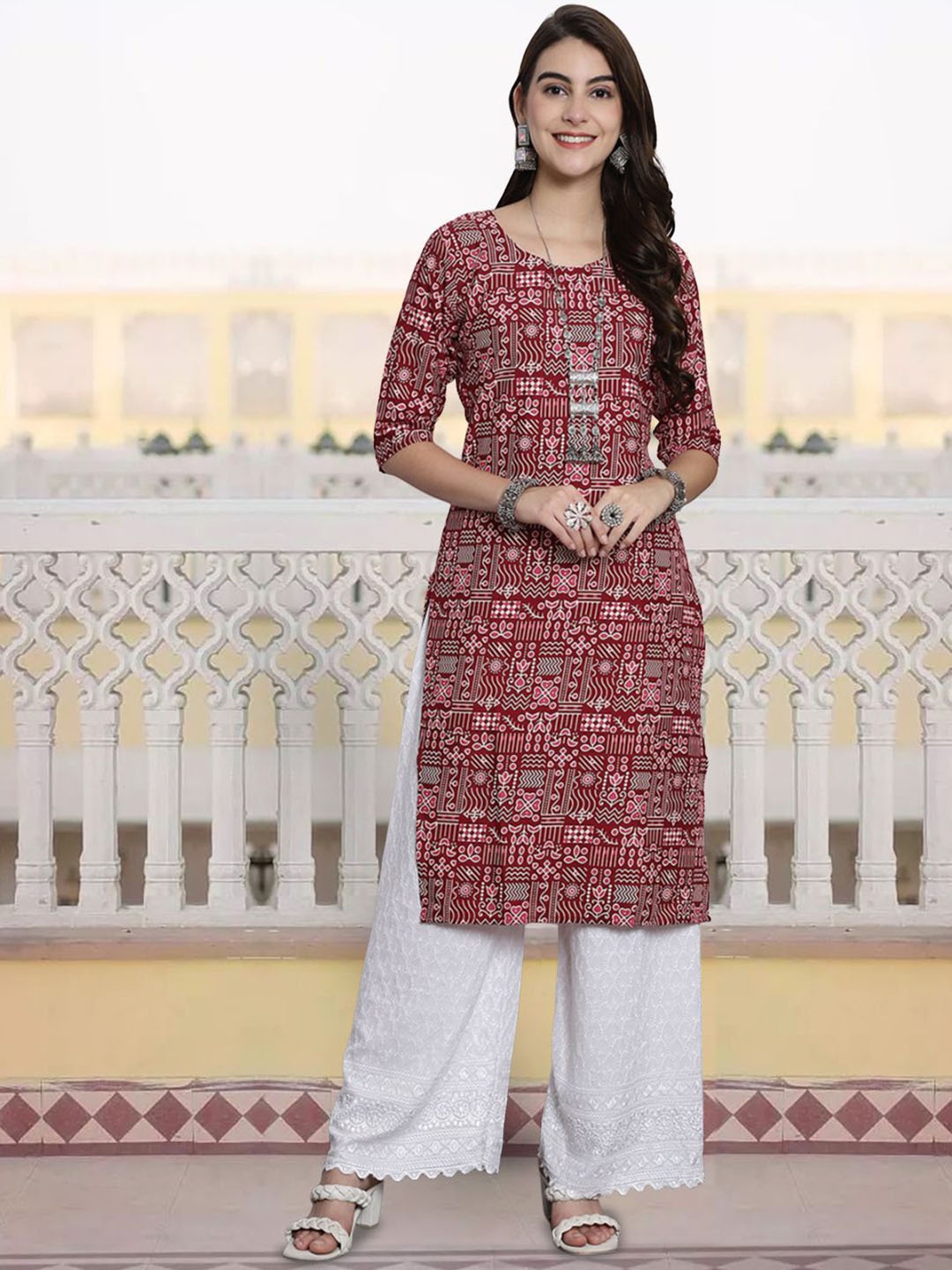 

7Threads Geometric Printed Straight Kurta, Red