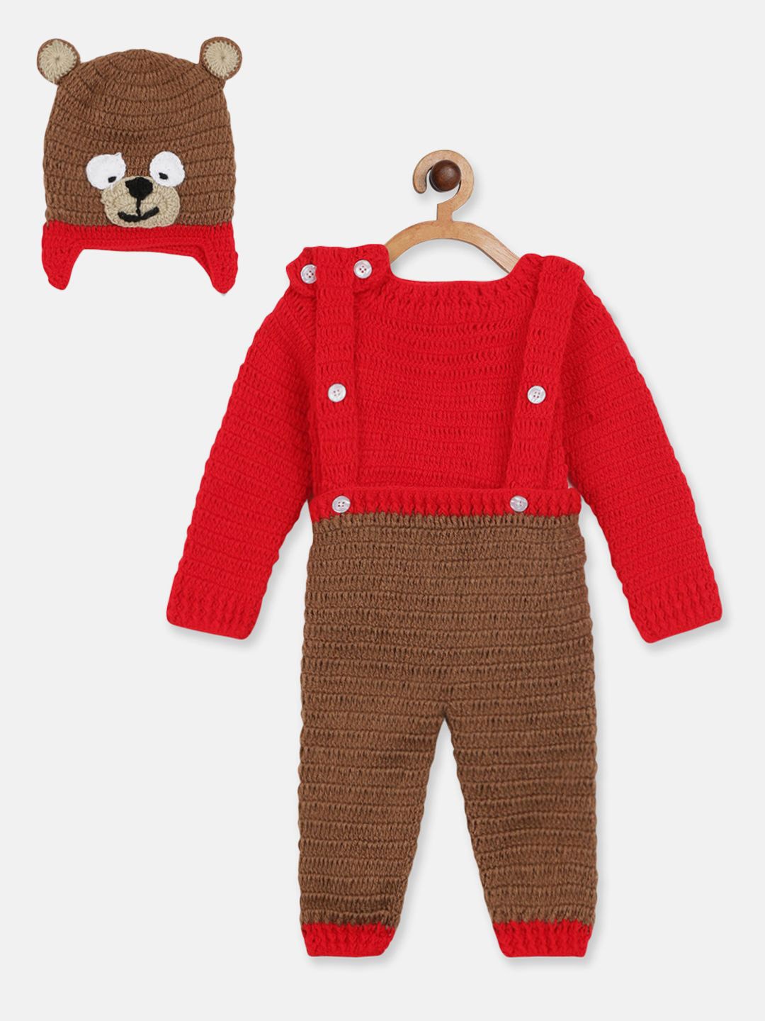 

CHUTPUT Kids Self Design Pure Wool Dungaree with Sweater & Cap, Red