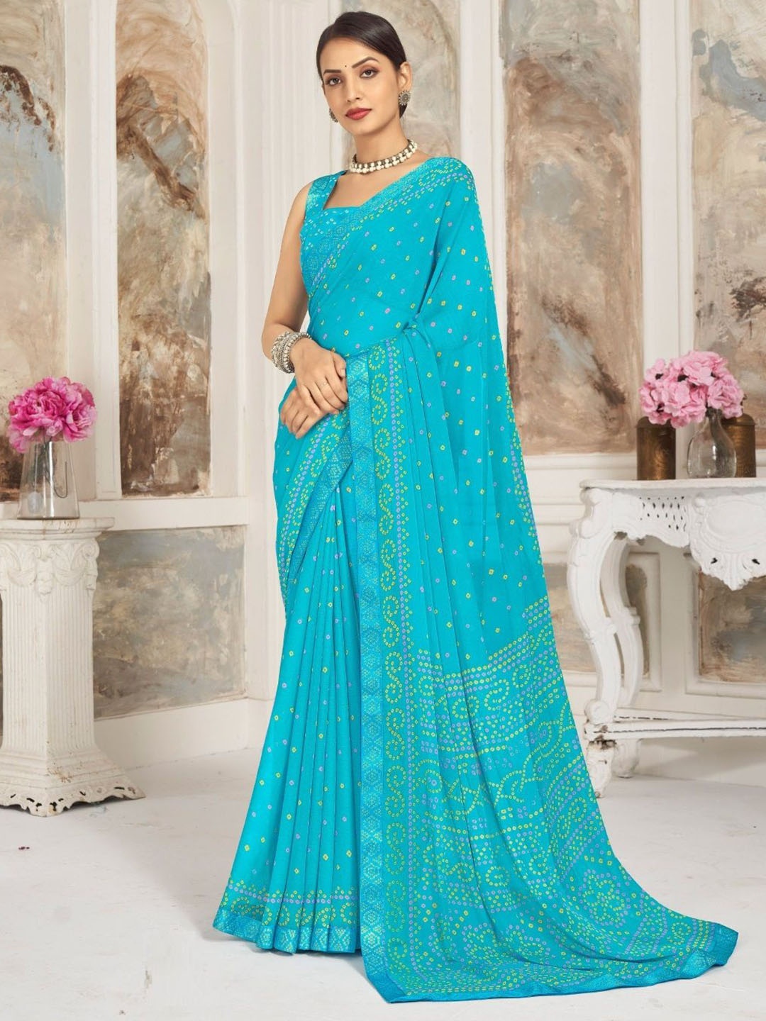 

Reboot Fashions Bandhani Zari Pure Chiffon Bandhani Saree, Blue