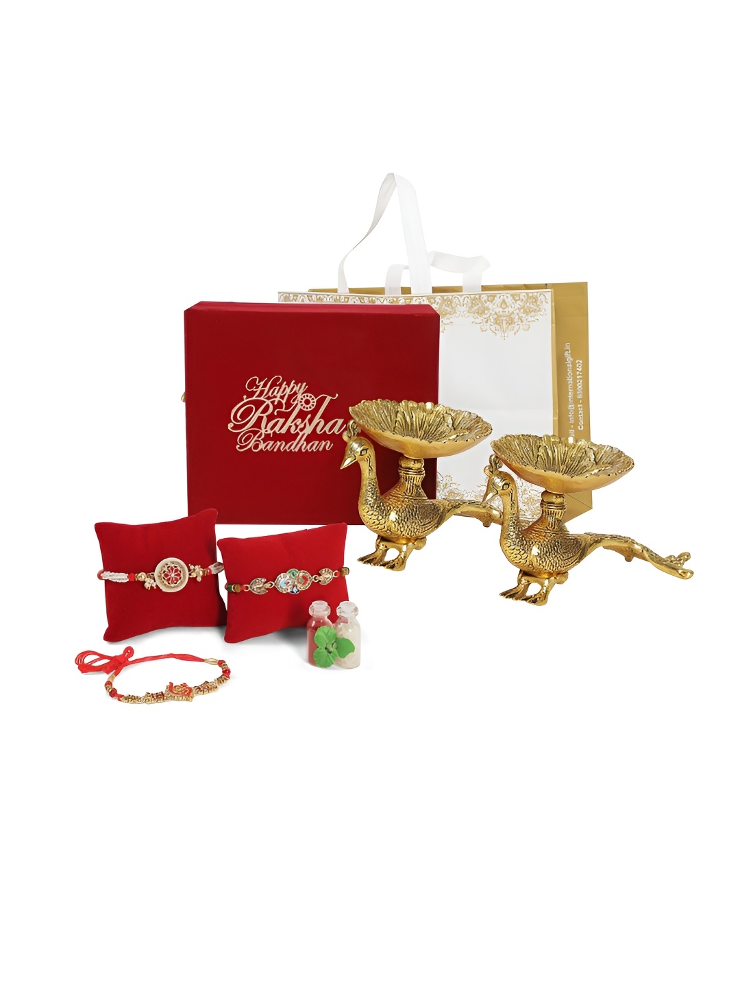 

INTERNATIONAL GIFT Gold Toned 4 Pcs Rakhi With Peacock Bowl Showpiece & Roli Chawal