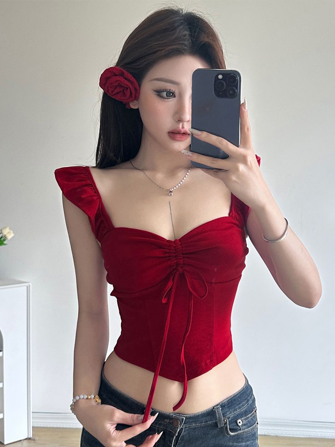 

StyleCast Women Solid Sweetheart Neck Cotton Corset Top, Red