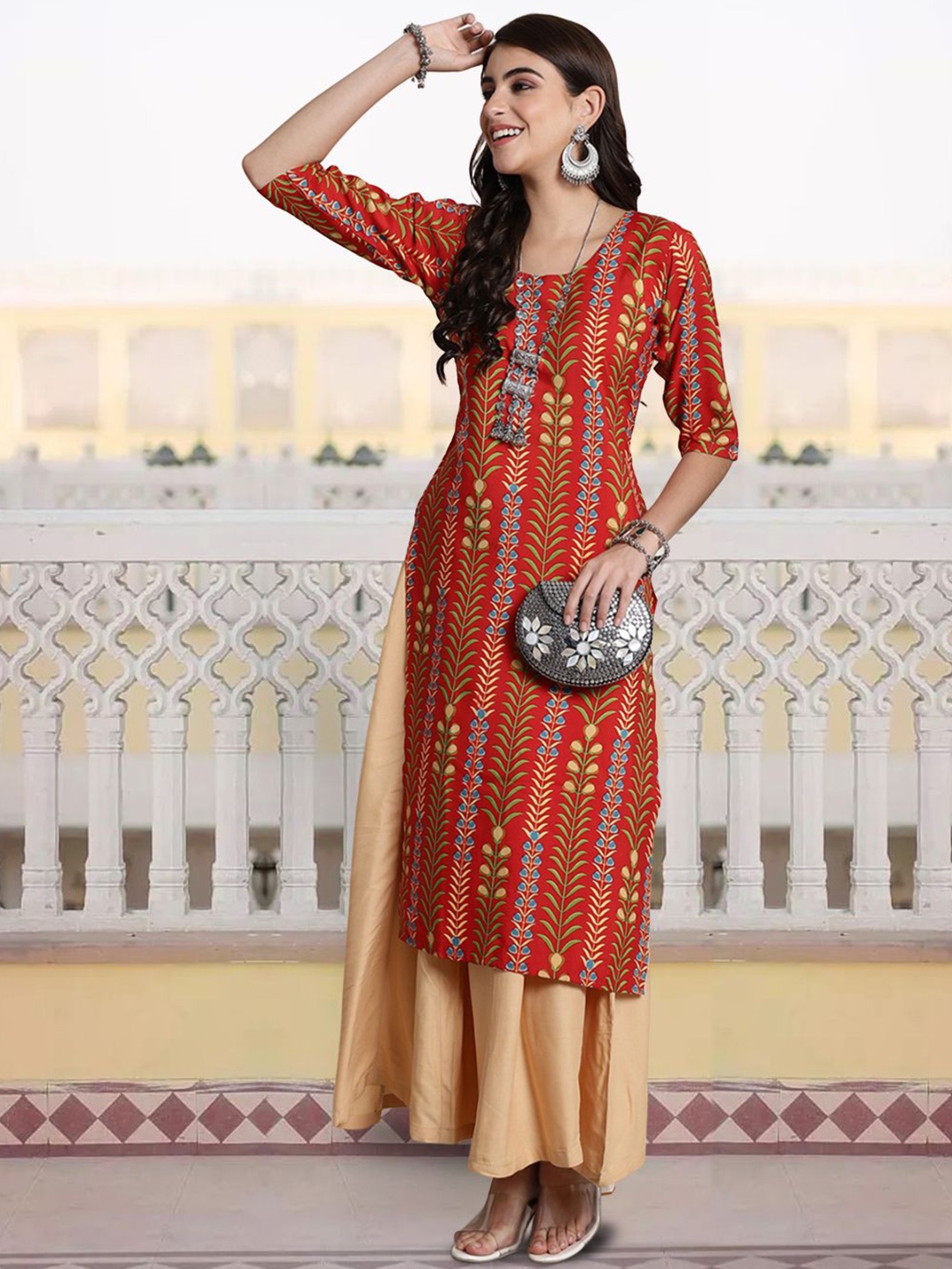 

7Threads Floral Printed Round Neck Straight Kurta, Red