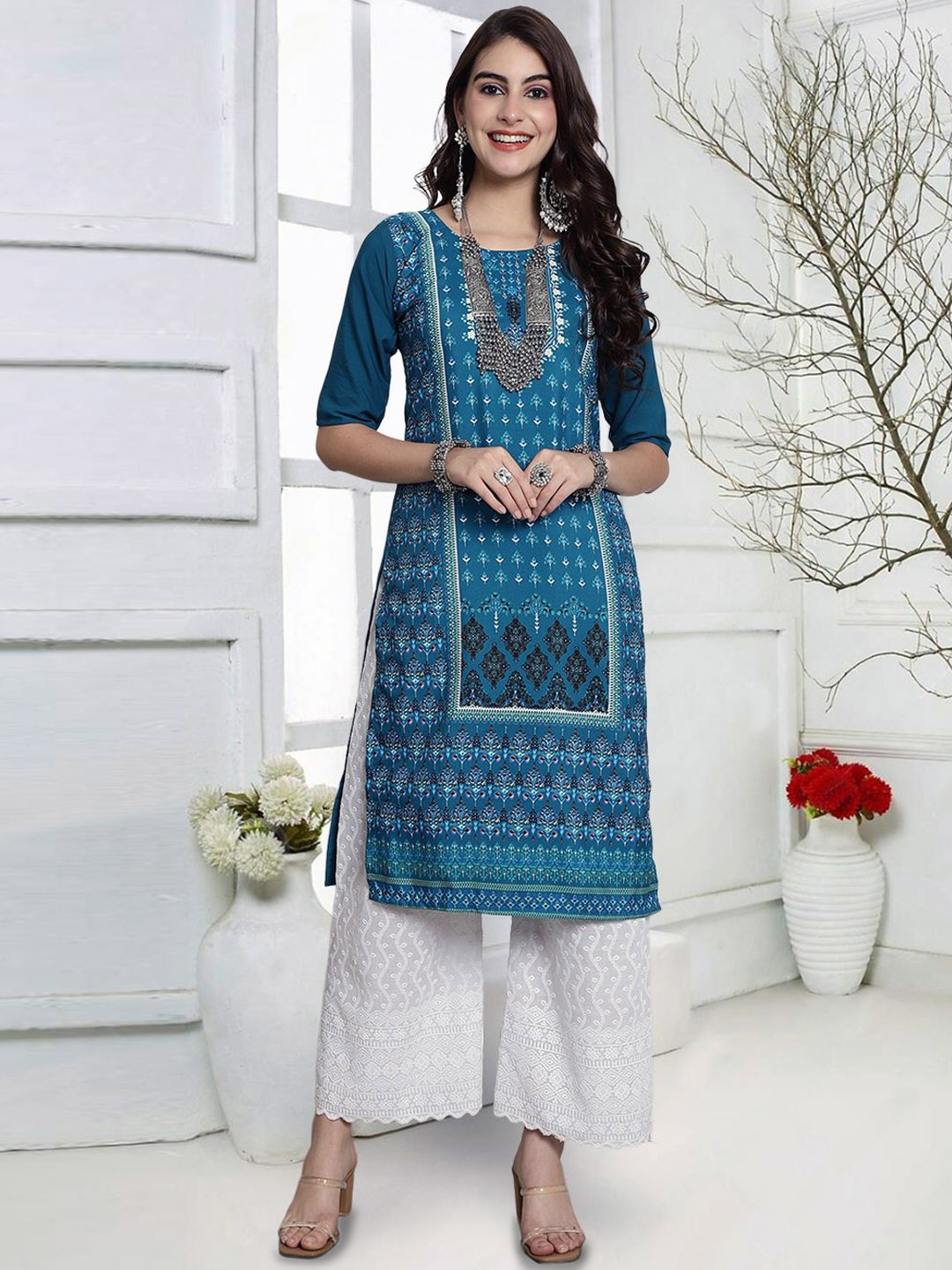 

7Threads Ethnic Motifs Printed Straight Kurta, Blue