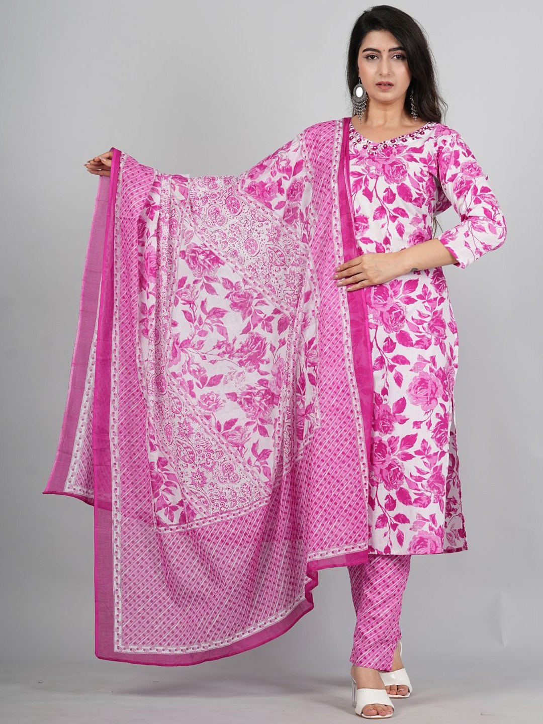 

Moktika Floral Printed Pure Cotton Straight Kurta with Trousers & With Dupatta, Pink