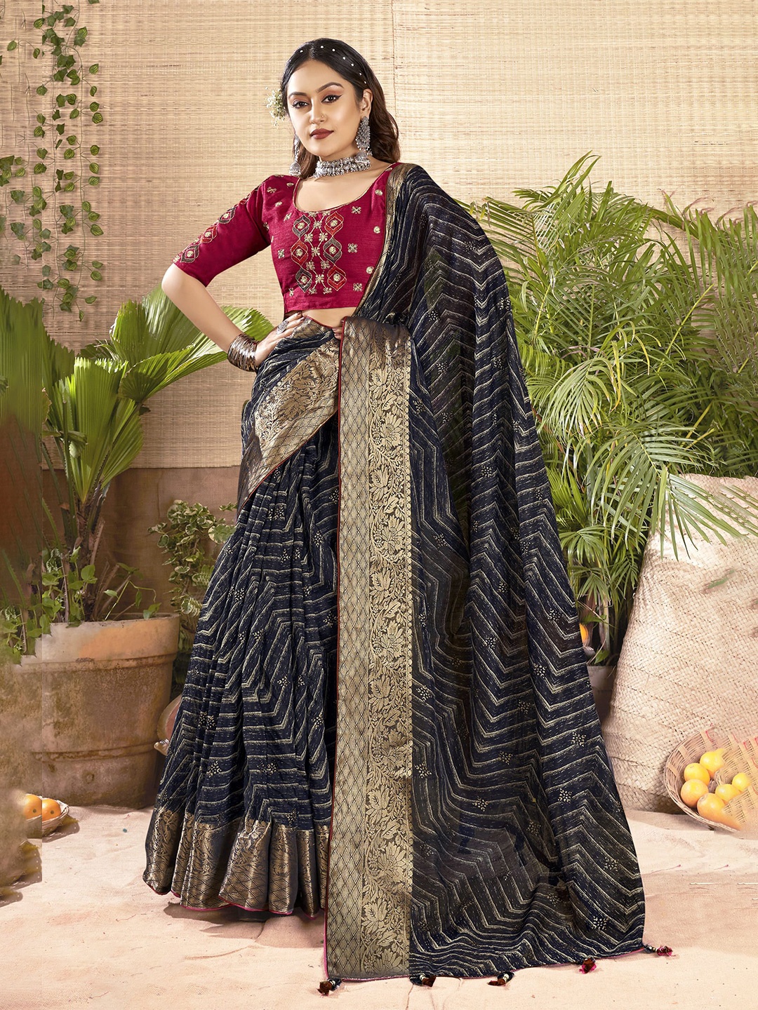 

NIRMAL CREATION Striped Zari Pure Silk Saree, Navy blue