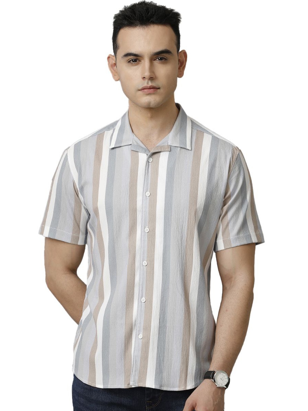 

Voi Jeans Men Opaque Striped Casual Shirt, Beige