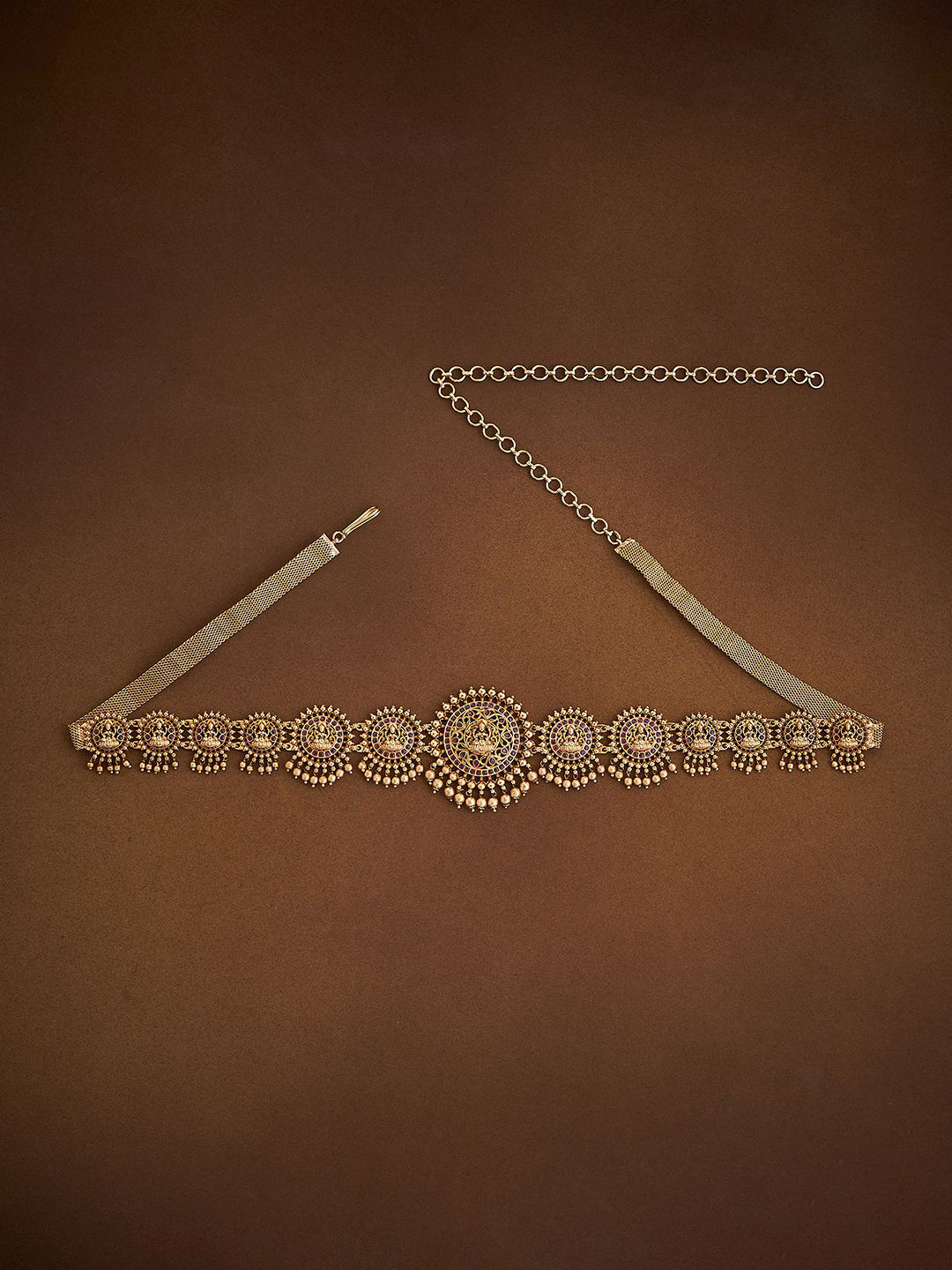

Kushal's Fashion Jewellery Gold-Plated Ruby Studded Antique Waist Chain