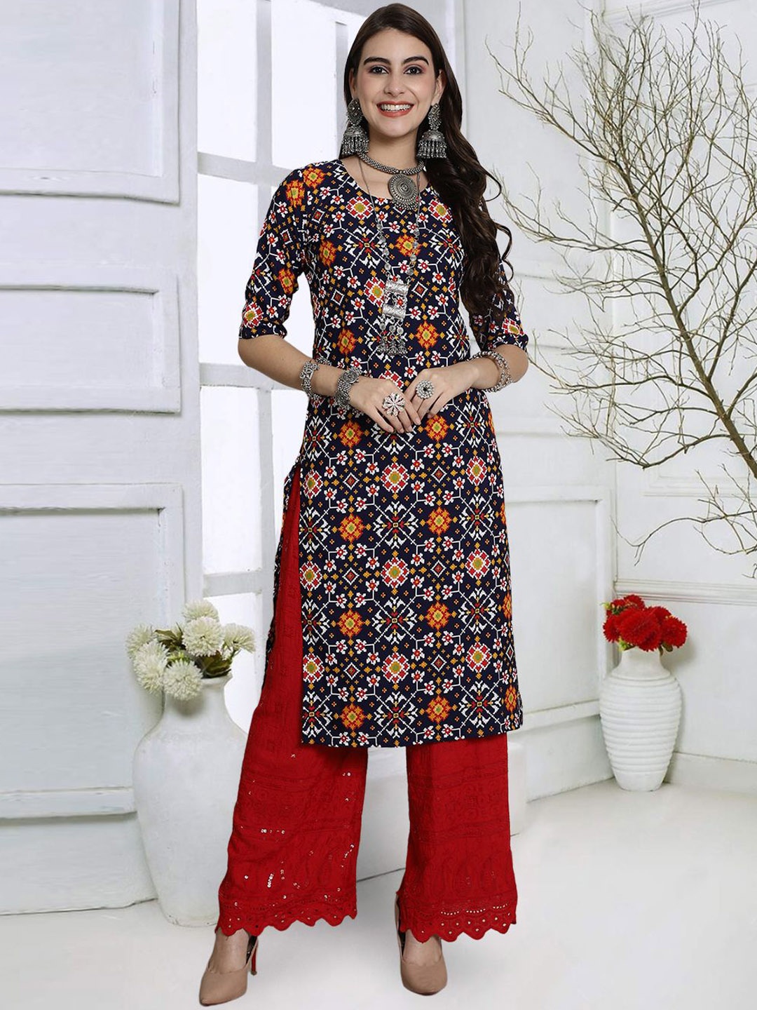 

7Threads Abstract Printed Straight Kurta, Black