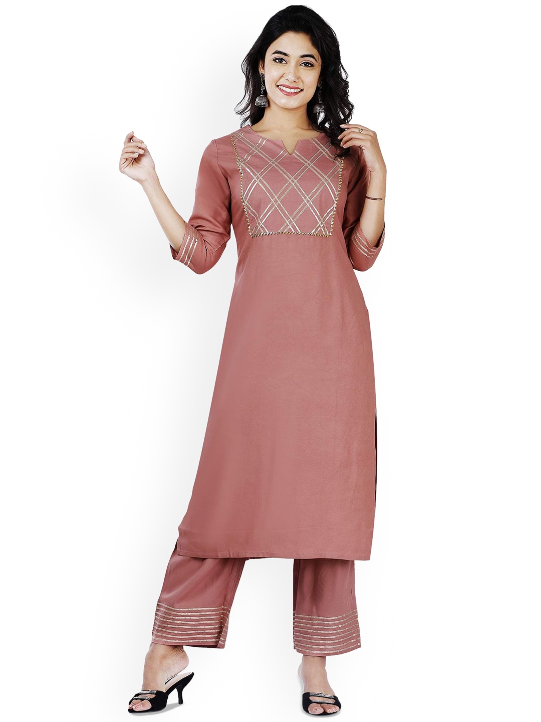 

G4Girl Women Yoke Design Regular Gotta Patti Kurta with Trousers, Peach