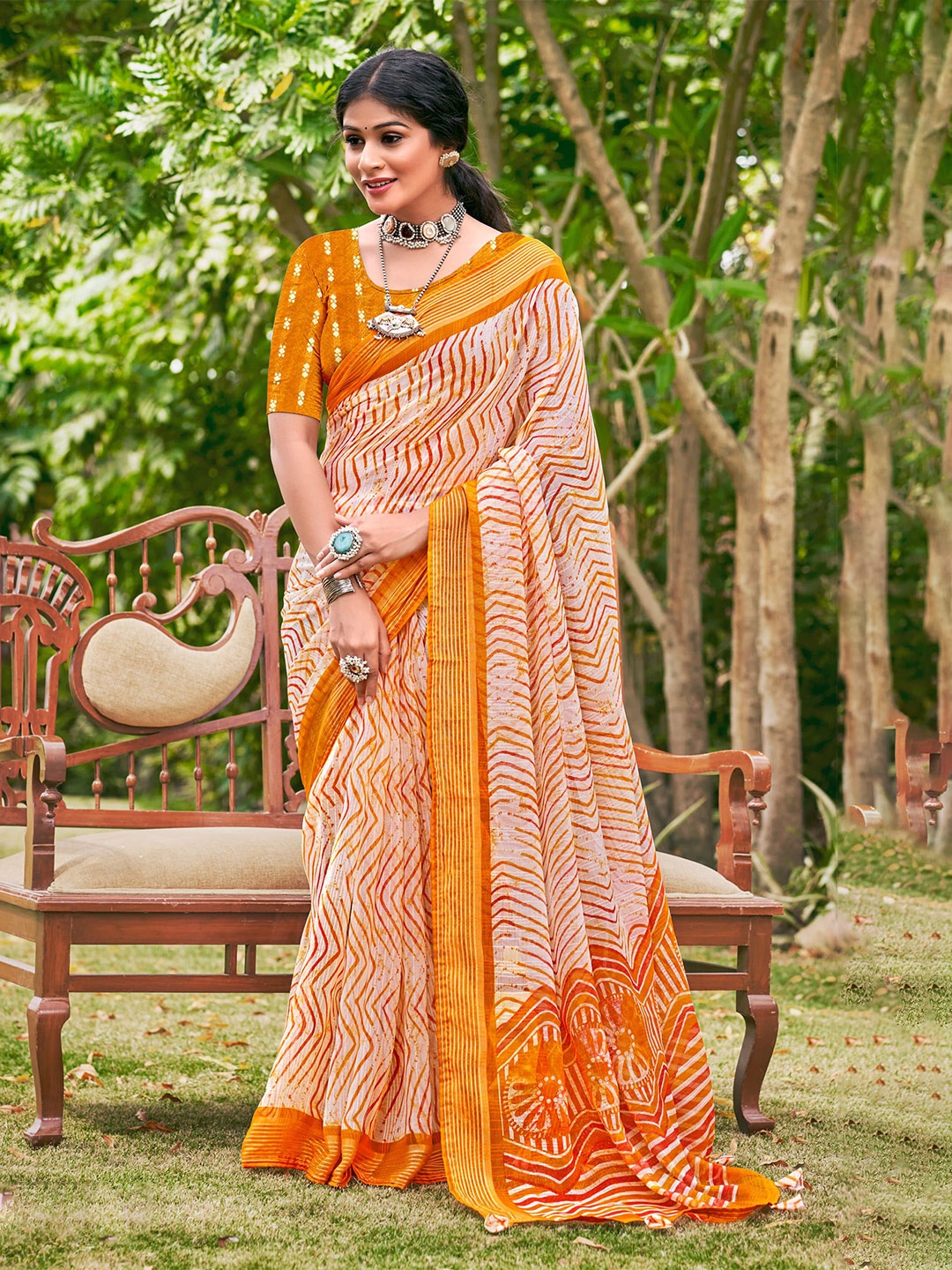 

NIRMAL CREATION Striped Pure Silk Saree, Orange
