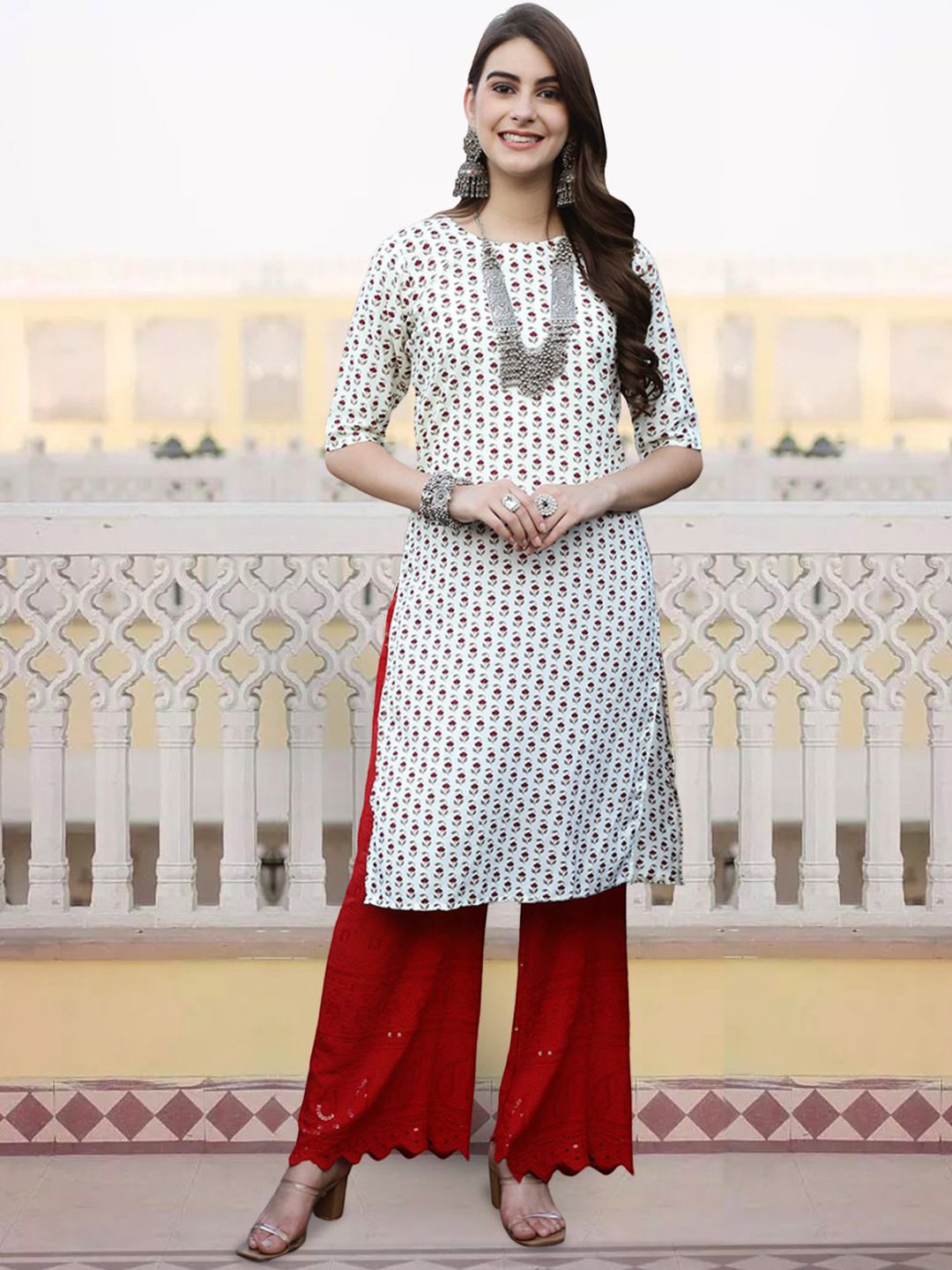

7Threads Floral Printed Straight Kurta, White