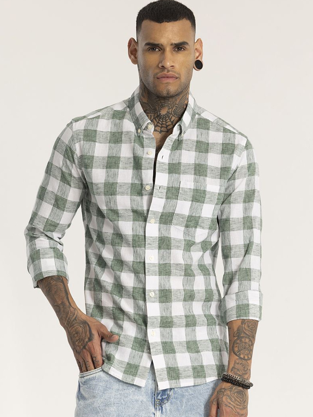 

Snitch Men Smart Button-Down Collar Tartan Checked Linen Slim Fit Casual Shirt, Green