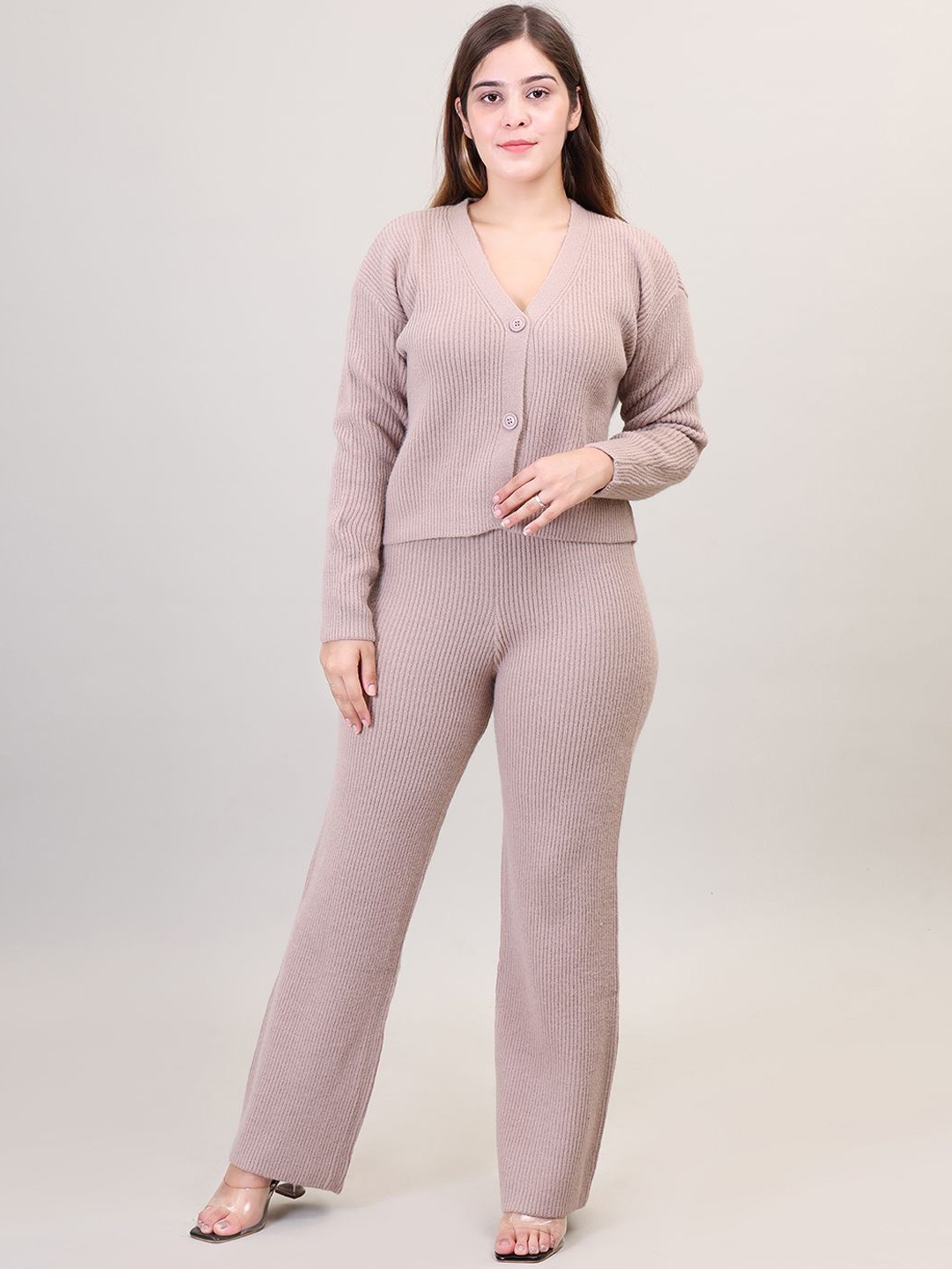 

Camey V-Neck Pure Wool Sweater With Trousers, Beige