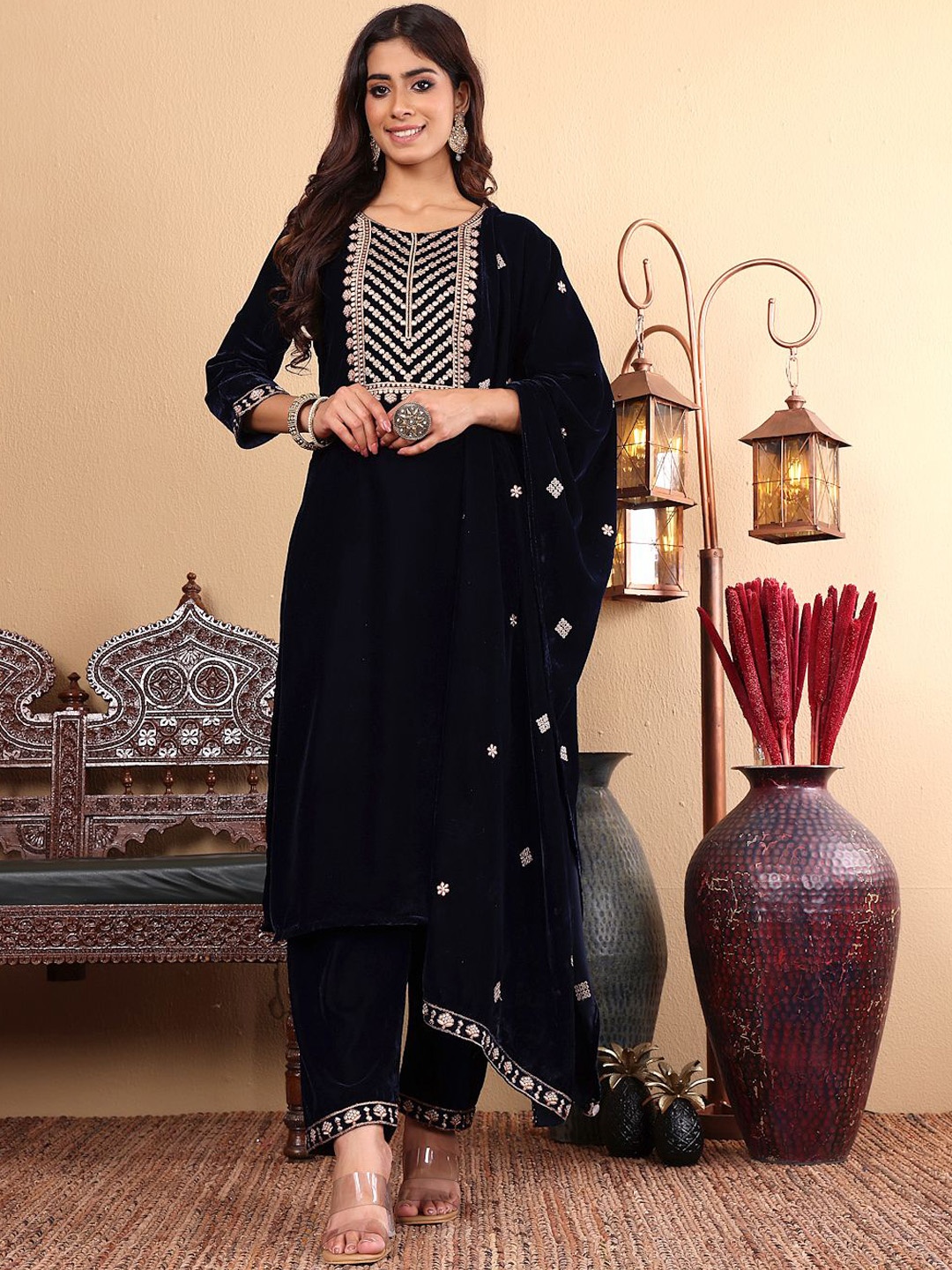 

Varanga Navy Blue Floral Yoke Design Sequinned Velvet Kurta with Trousers & Dupatta