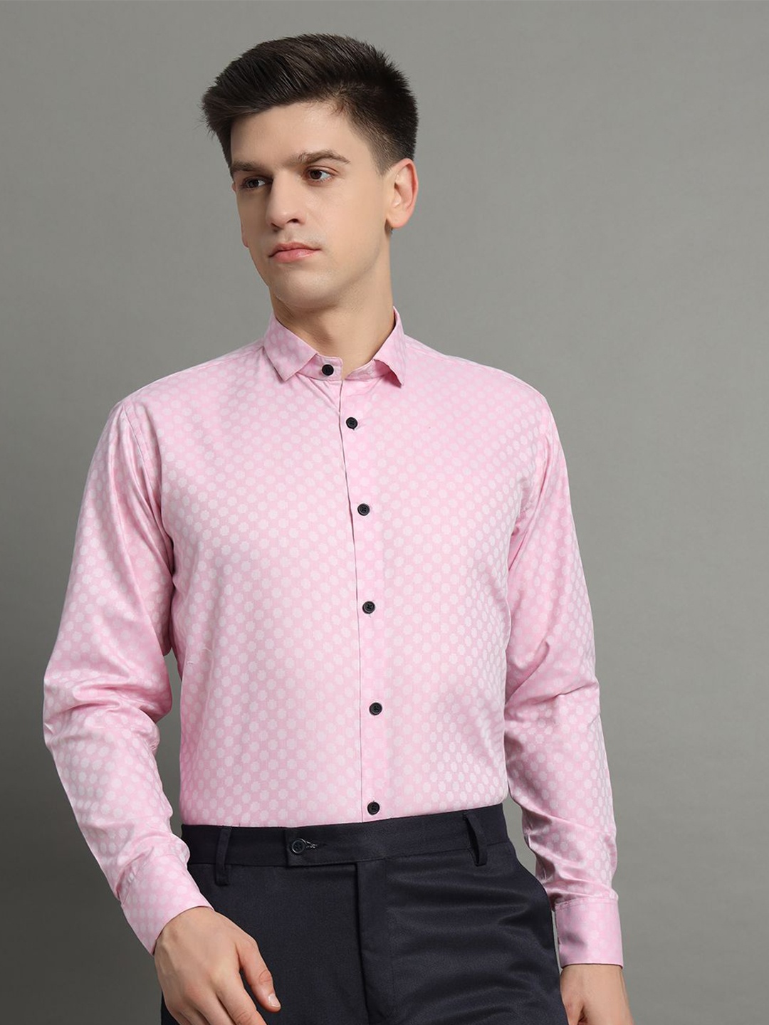 

AIA.FAB Men Classic Spread Collar Geometric Printed Cotton Formal Shirt, Pink