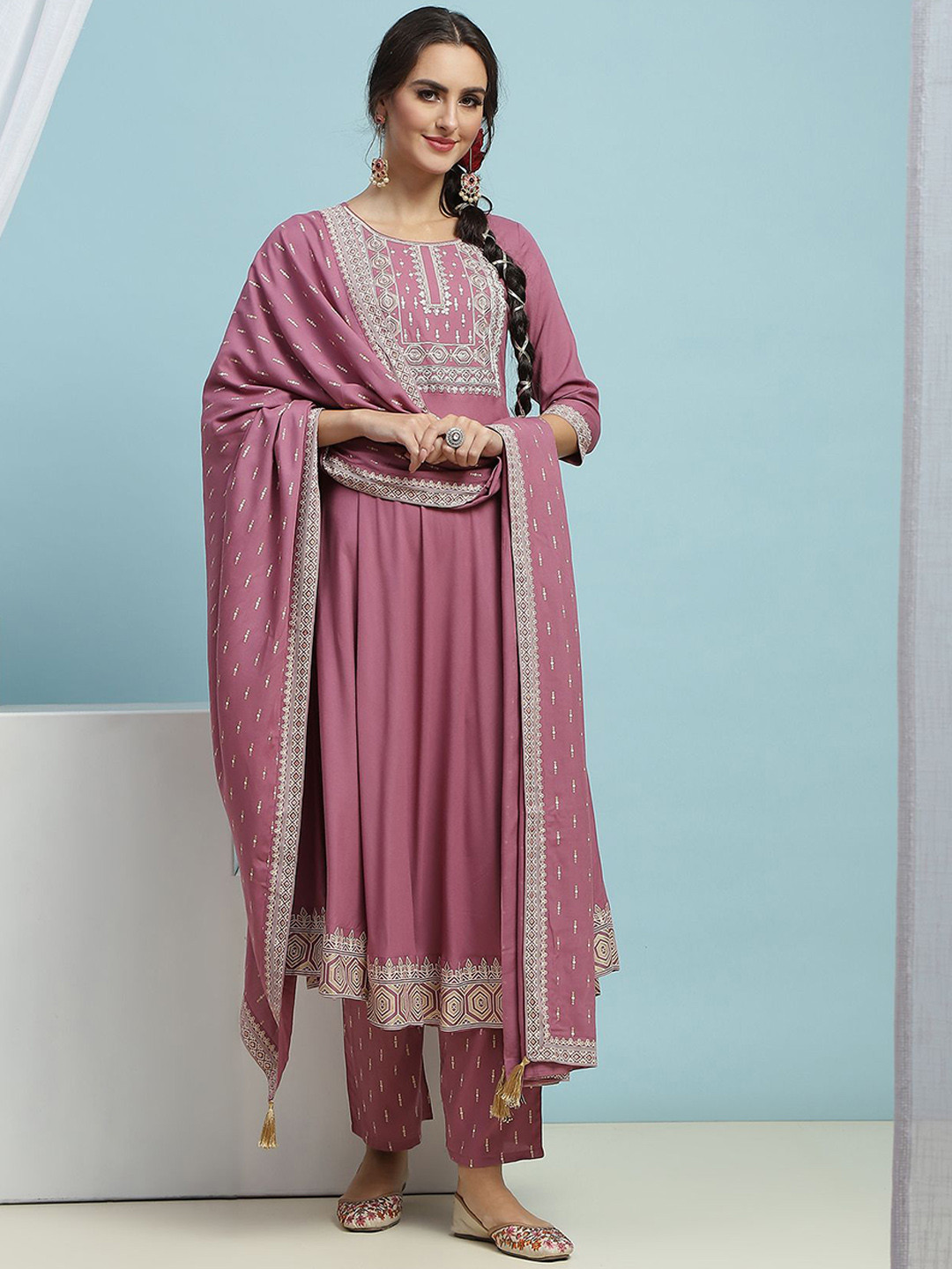 

Khushal K Ethnic Motifs Embroidered Thread Work Kurta with Palazzos & Dupatta, Pink
