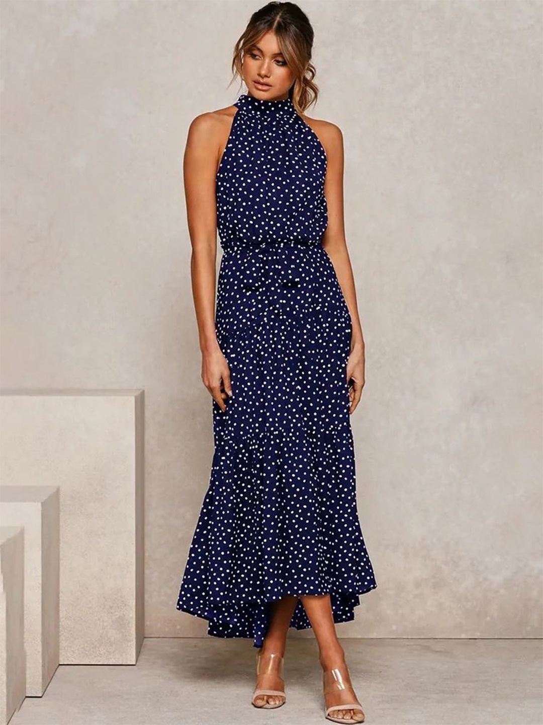 

HERE&NOW Women Polka Dots Printed Maxi Dress, Navy blue