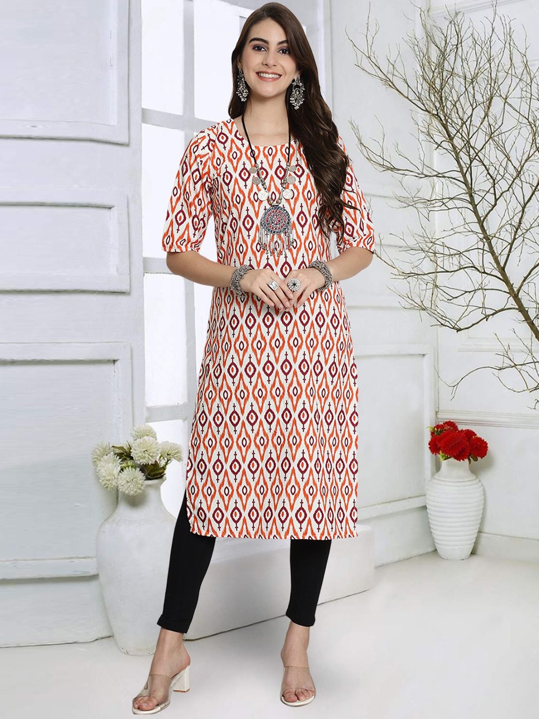 

7Threads Geometric Printed Straight Kurta, White