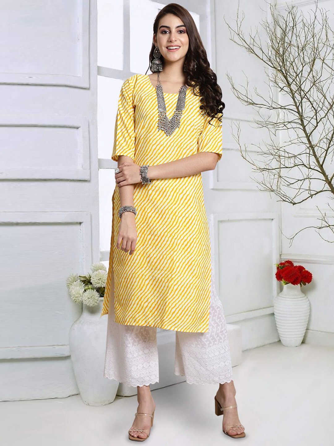 

7Threads Leheriya Printed Straight Kurta, Yellow