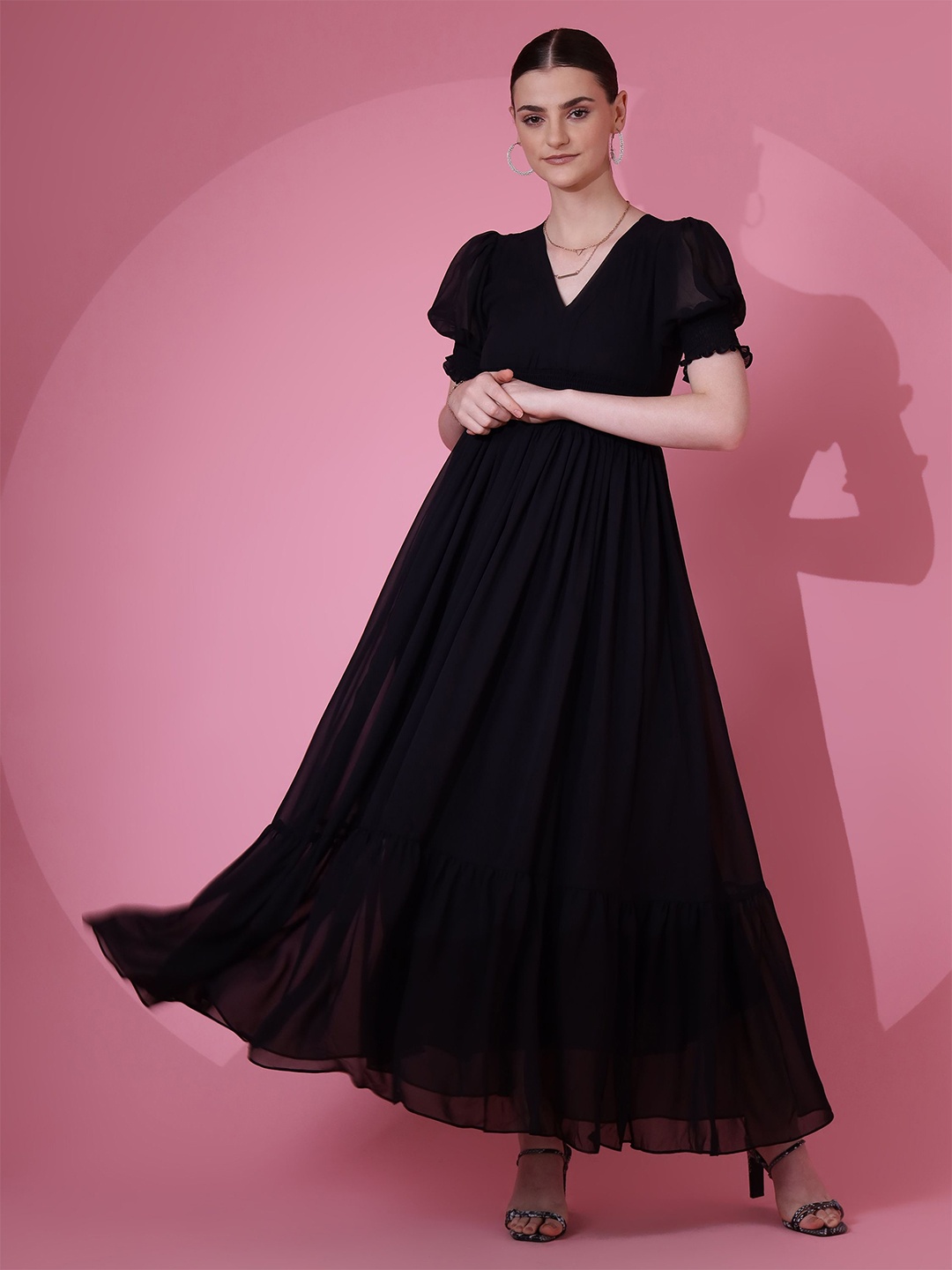 

SHEETAL Associates Puff Sleeve Georgette Fit & Flare Maxi Dress, Black