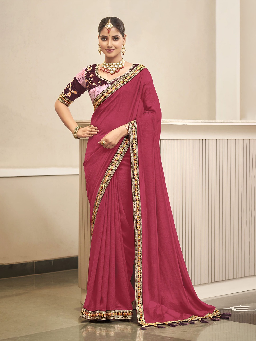

NIRMAL CREATION Embroidered Pure Silk Saree, Maroon