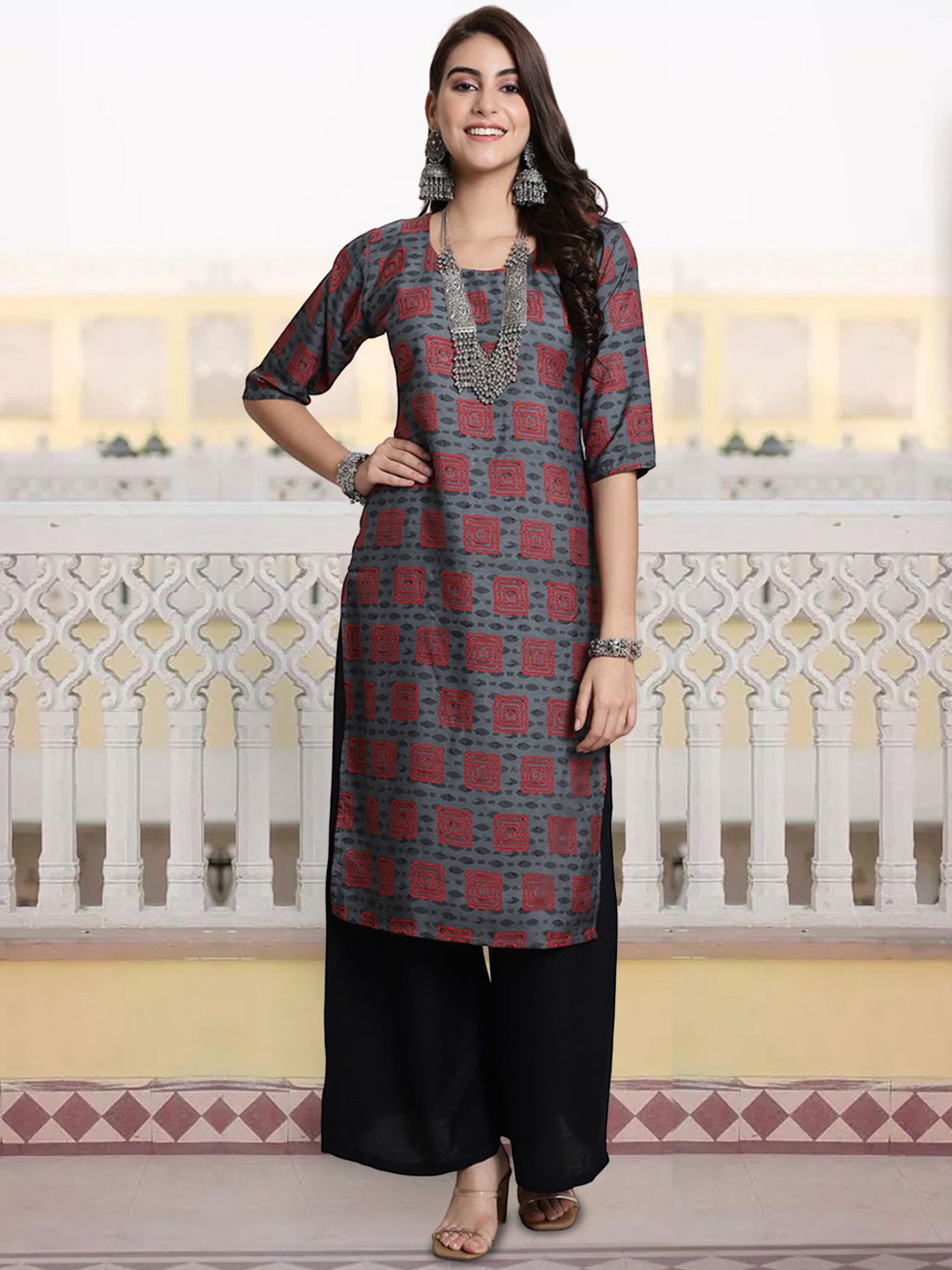 

7Threads Geometric Printed Round Neck Straight Kurta, Grey