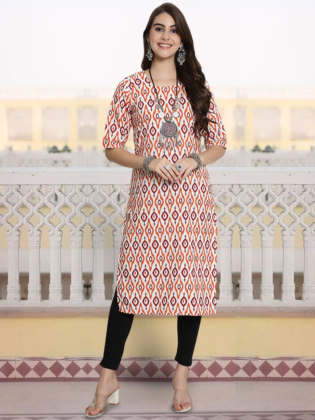 

7Threads Geometric Printed Round Neck Straight Kurta, White