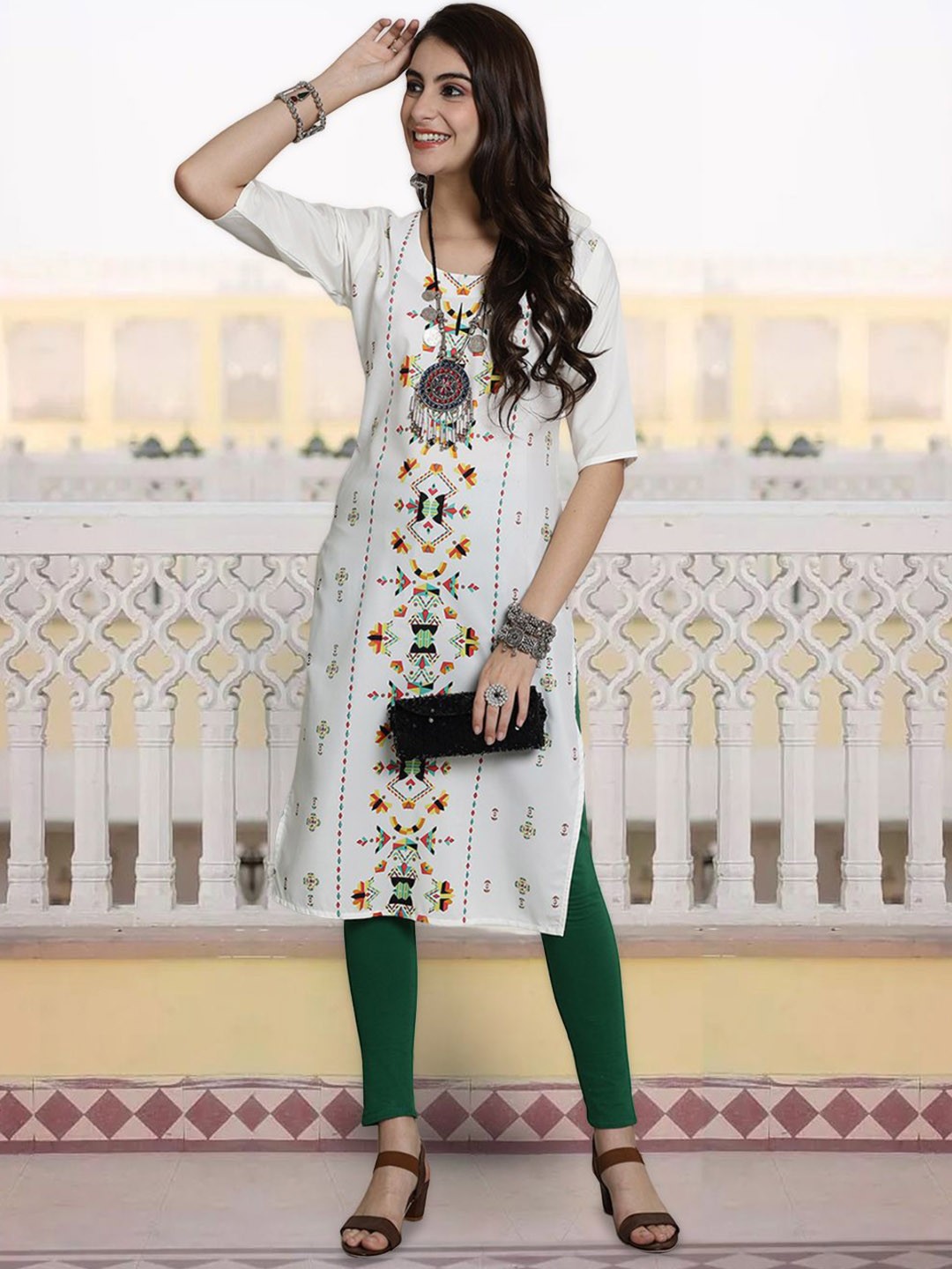 

7Threads Women Floral Printed Thread Work Floral Crepe Kurta, Multi