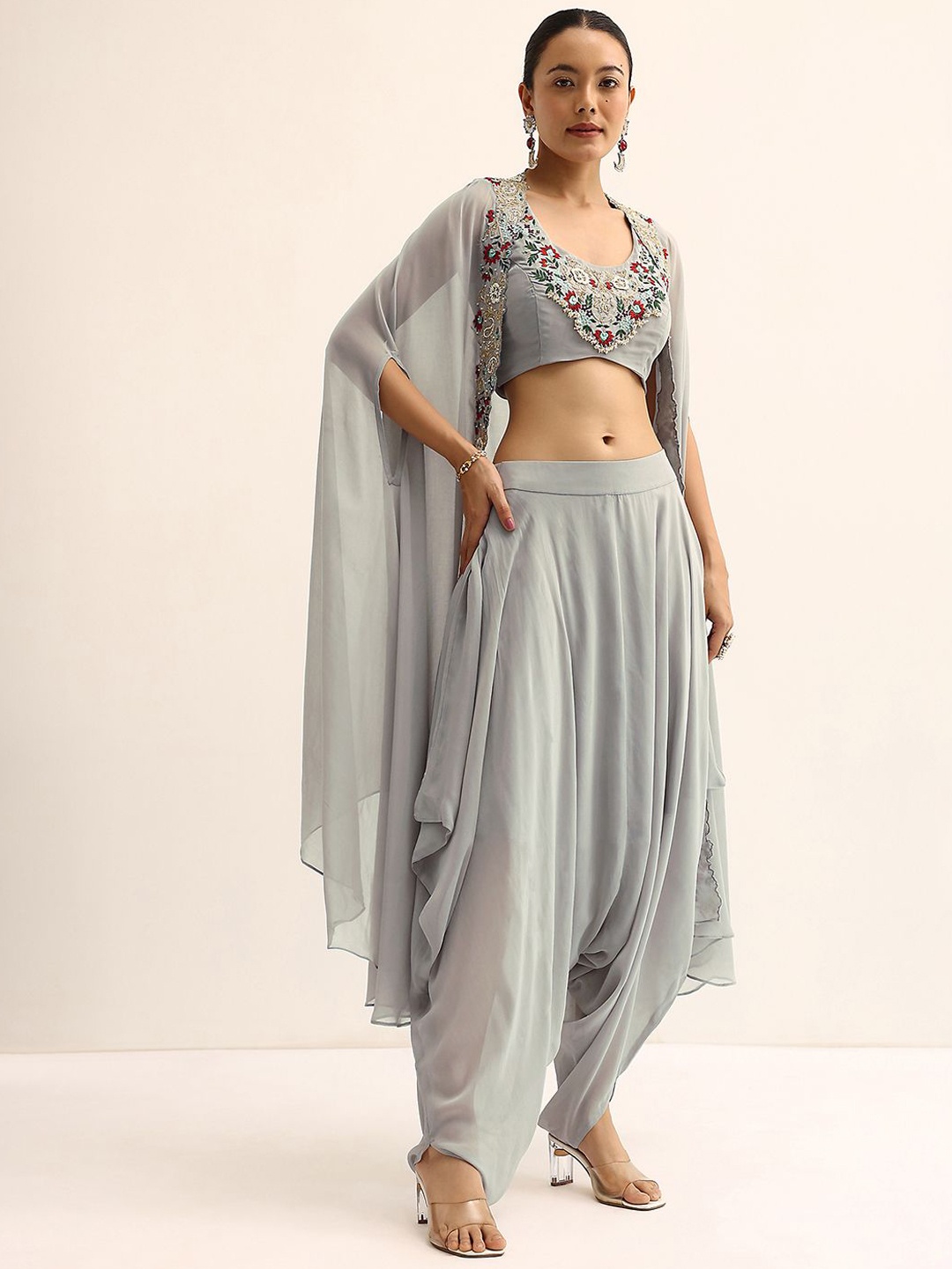 

KALKI Fashion Embroidered Ethnic Crop Top With Dhoti and Shrug, Grey