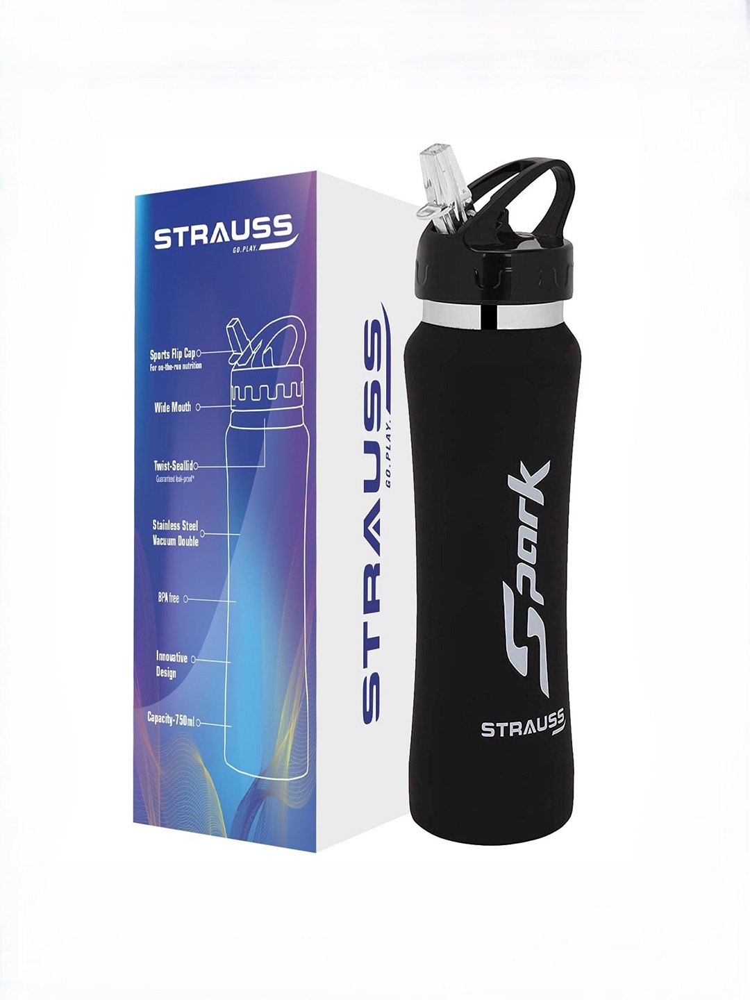 

STRAUSS Black & White Brand Logo Printed Stainless Steel Sipper Water Bottle 750 ml