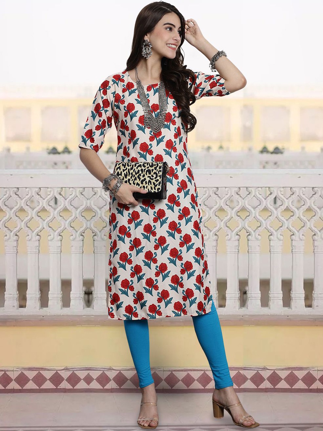 

7Threads Ethnic Motifs Printed Round Neck Crepe Straight Kurta, Cream