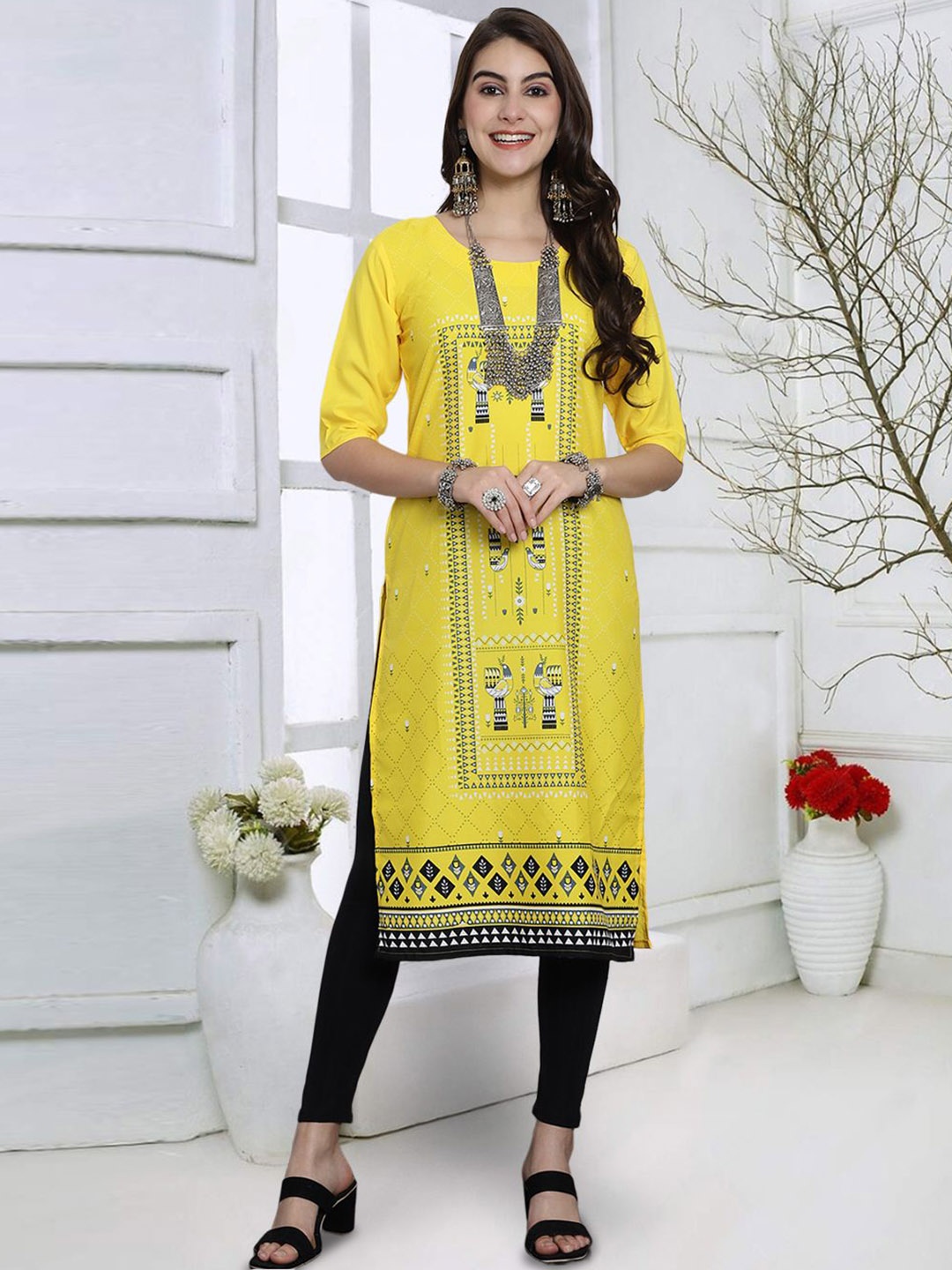 

7Threads Ethnic Motifs Printed Straight Kurta, Yellow