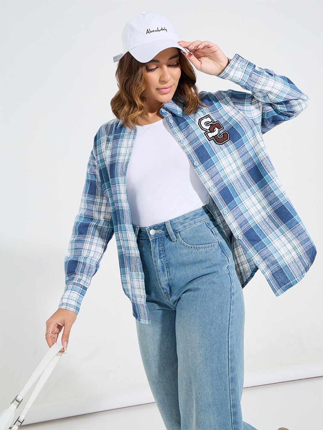 

Styli Women Spread Collar Tartan Checked Oversized Casual Shirt, Blue