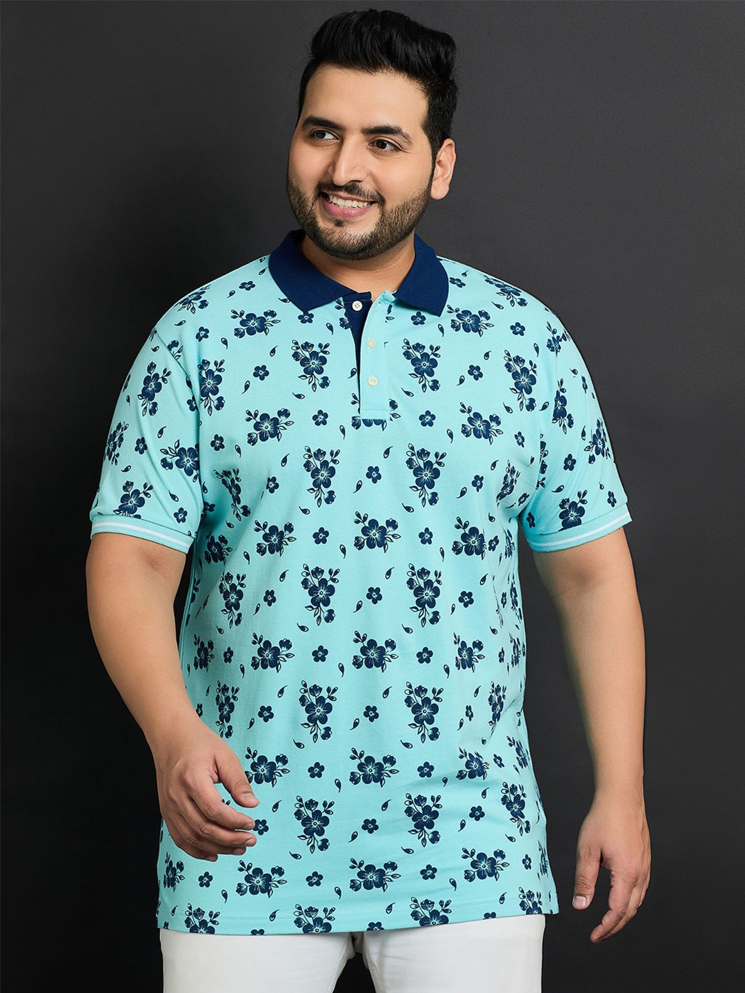 

bigbanana Plus Size Floral Printed Polo Collar Cotton T-shirt, Blue