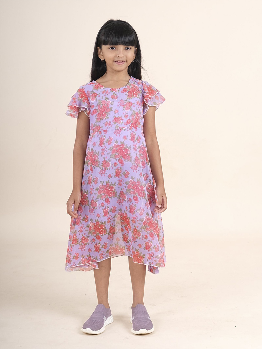 

KiddoPanti girl Floral Print Georgette A-Line Midi Dress, Violet