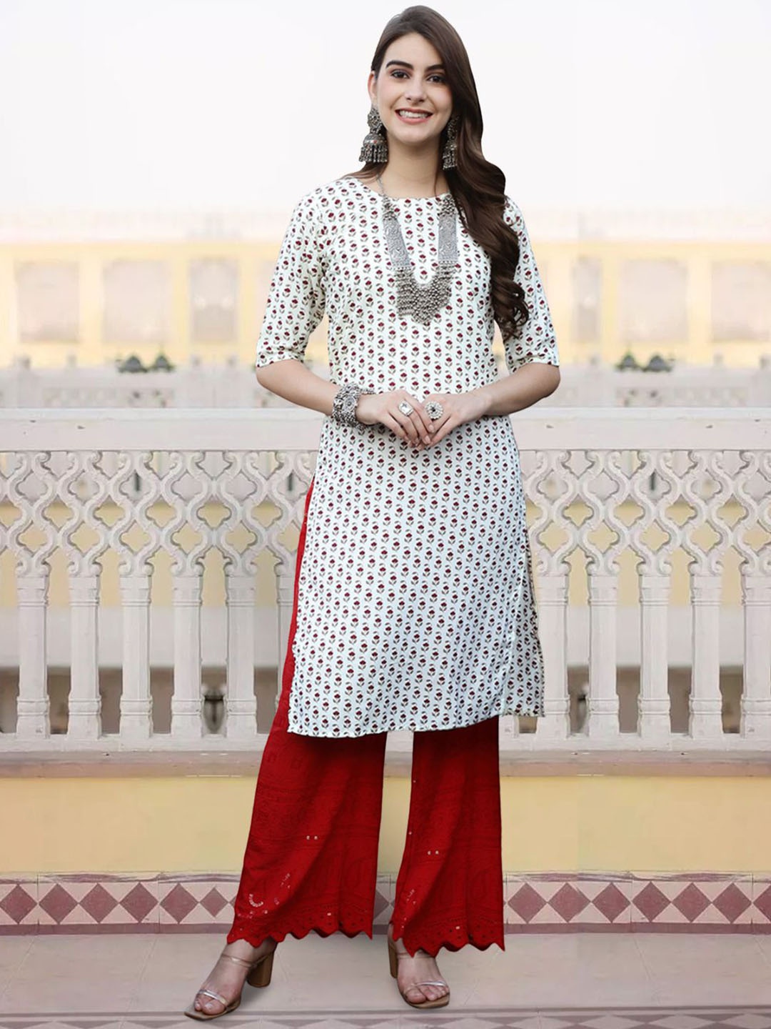 

7Threads Floral Printed Regular Crepe Straight Kurta, White