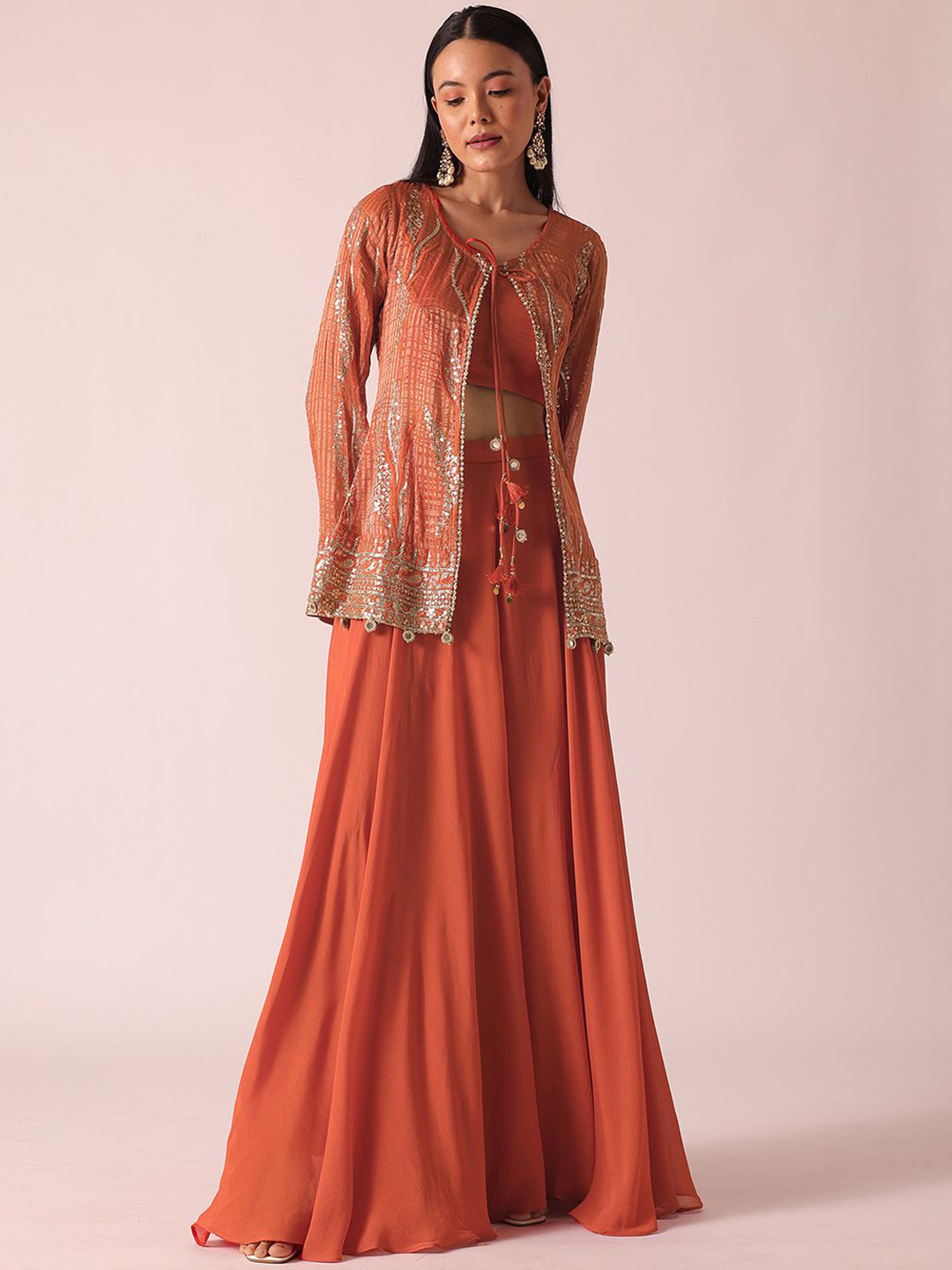 

KALKI Fashion Floral Embroidered Crop Top With Palazzos & Jacket, Orange