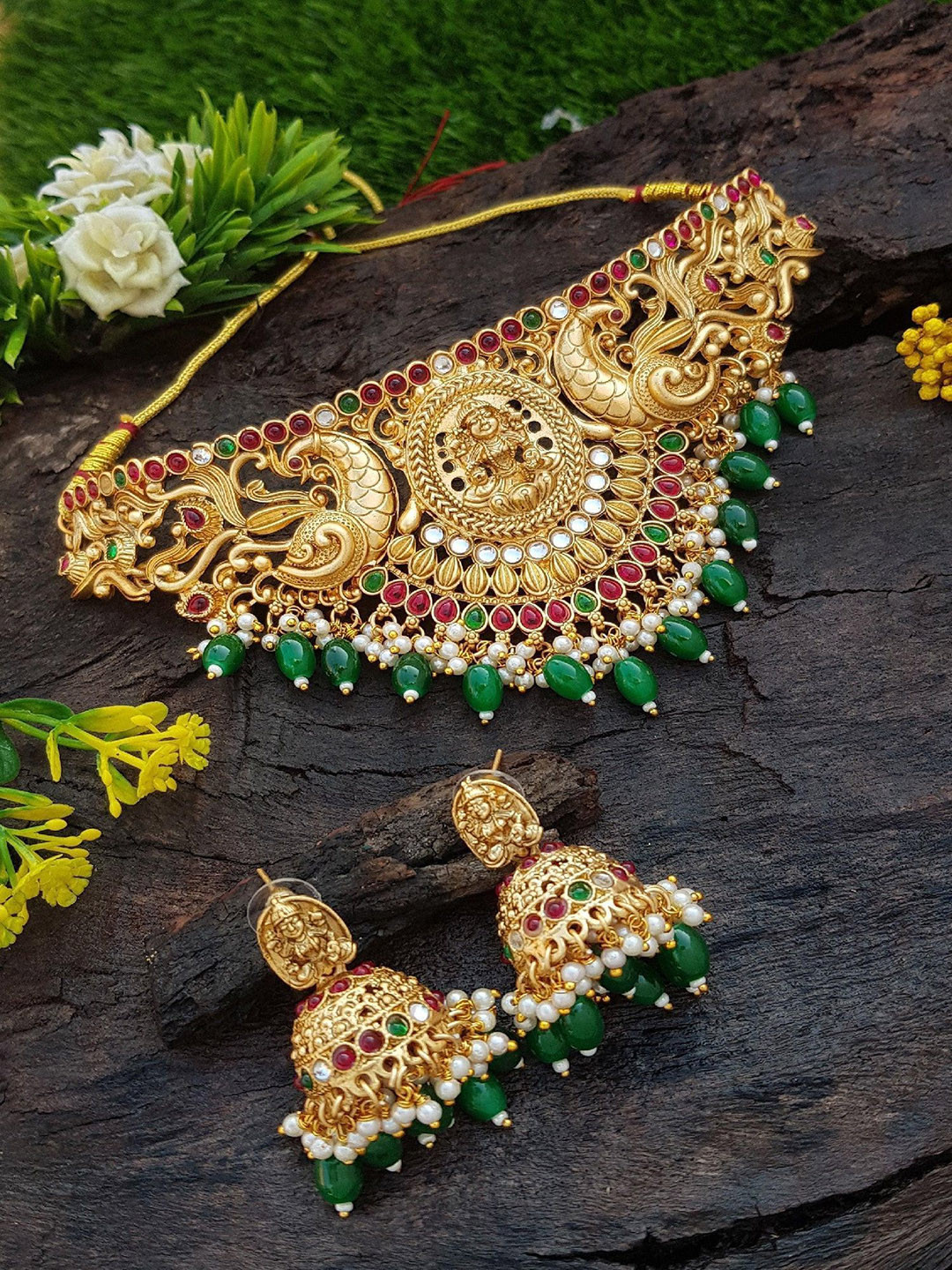 

GRIIHAM Gold-Plated American Diamond Studded & Beaded Choker Necklace and Earrings