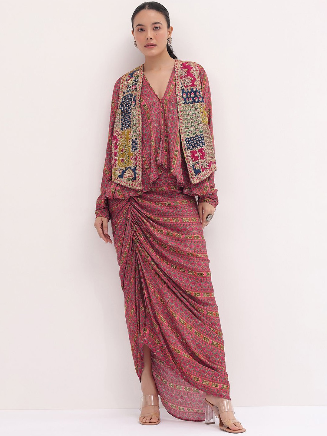 

KALKI Fashion Floral Printed Top With Skirt & Jacket, Pink