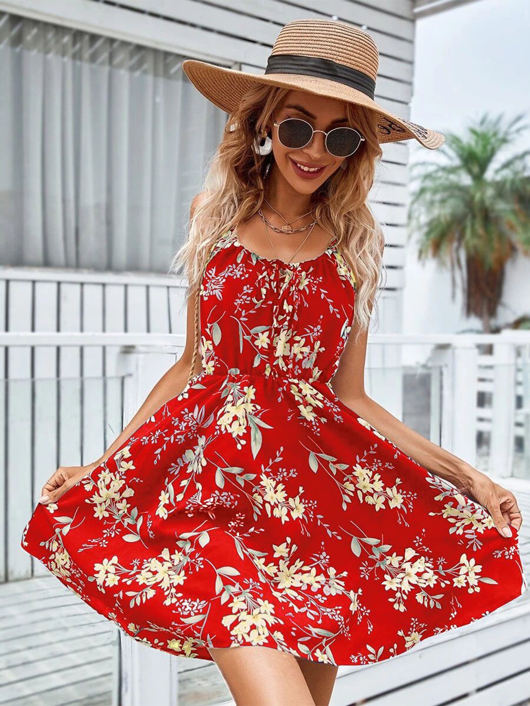 

HERE&NOW Women Floral Printed Fit & Flare Above Knee Dress, Red