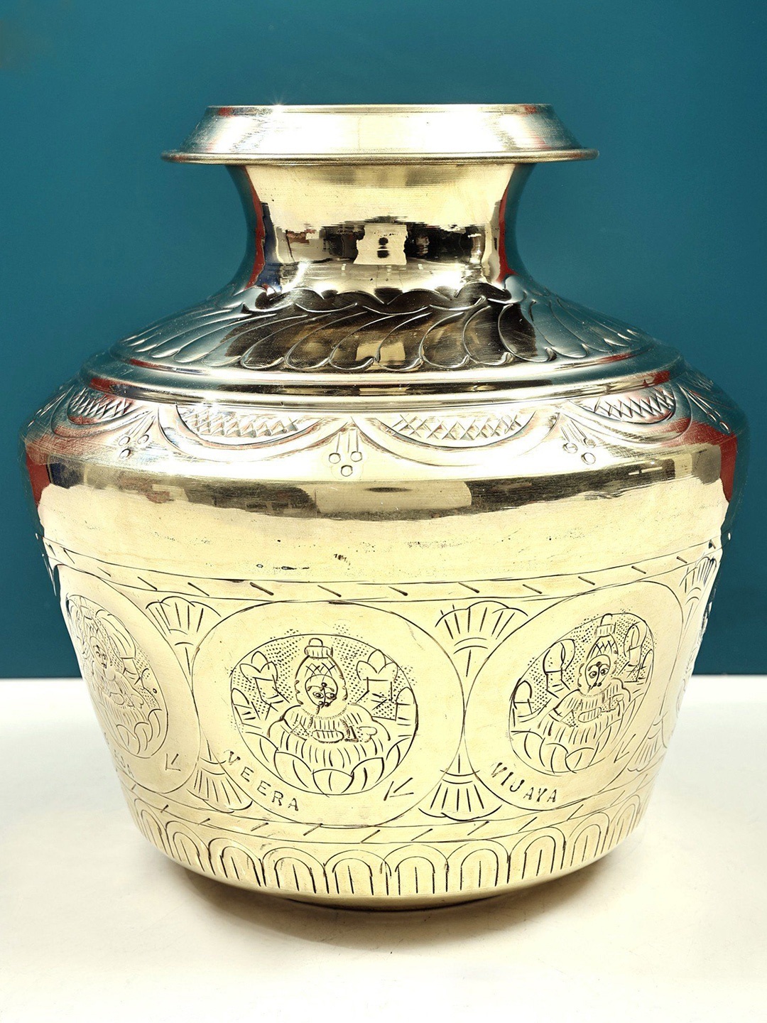 

Exotic India 10" Ashtalakshmi Puja Kalasha in Brass - Made in India, Gold