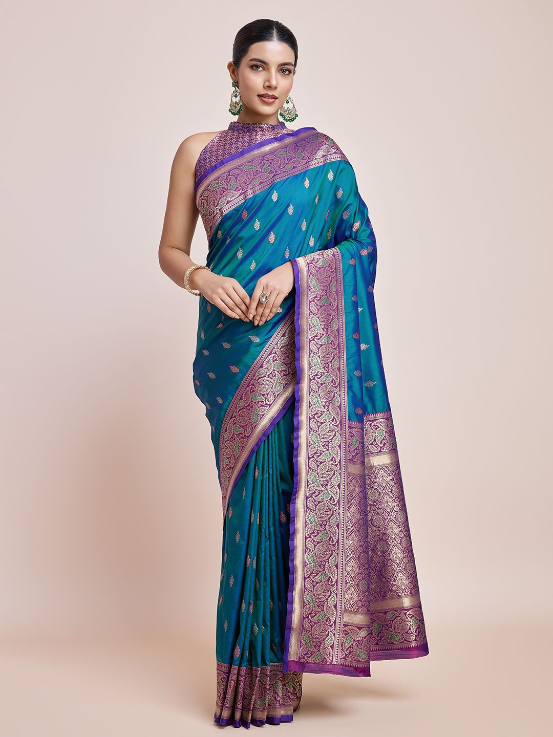 

MONJOLIKA FASHION Ethnic Motifs Zari Banarasi Saree, Teal