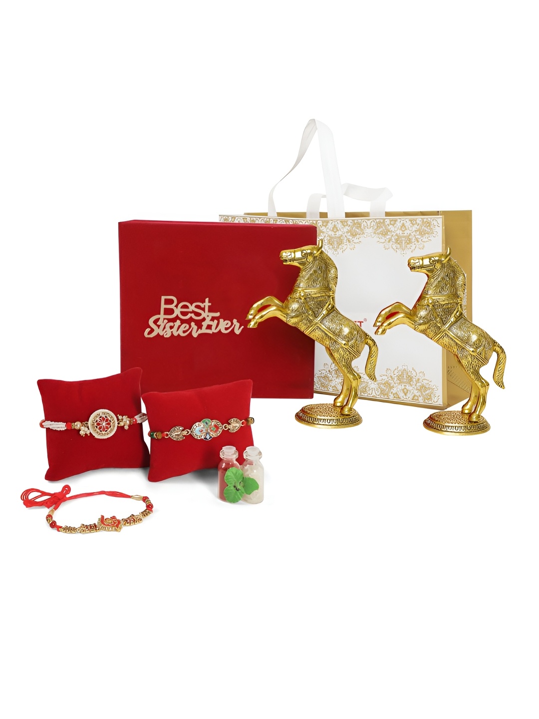 

INTERNATIONAL GIFT Set Of 3 Rakhis With Golden Horse Showpiece, Gold