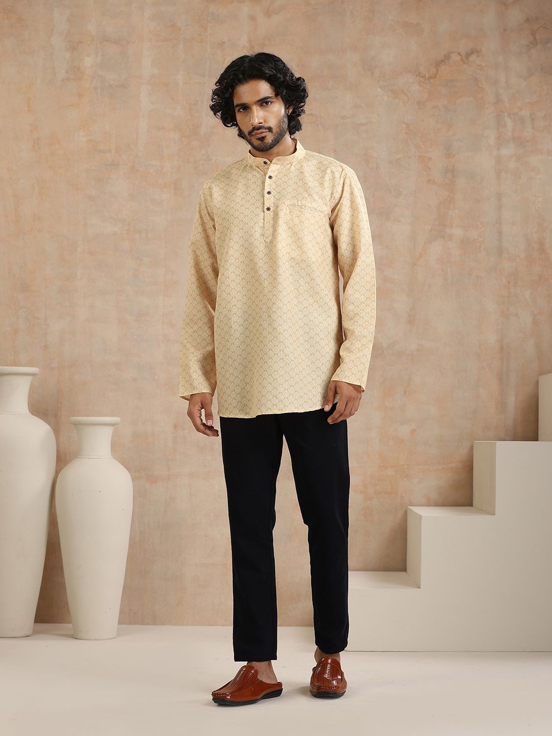 

House of Chikankari Printed Woven Short Kurta, Mustard