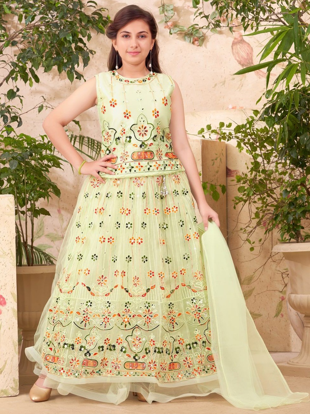 

Aarika Girls Embroidered Thread Work Ready to Wear Lehenga & Blouse With Dupatta, Sea green