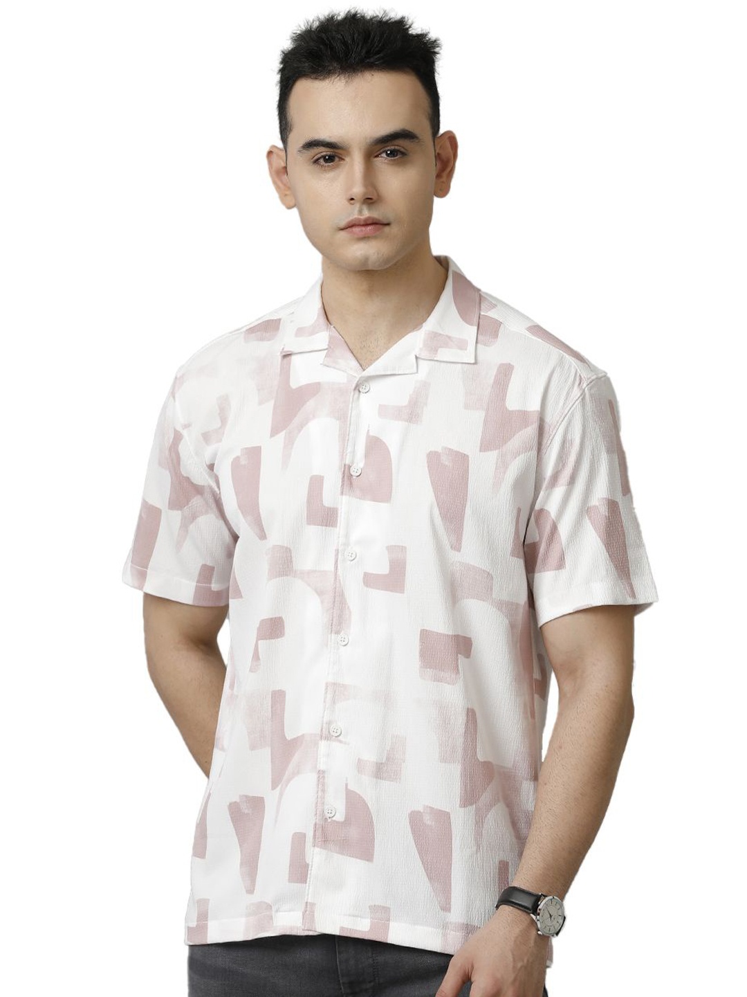 

Voi Jeans Men Boxy Opaque Printed Casual Shirt, Pink