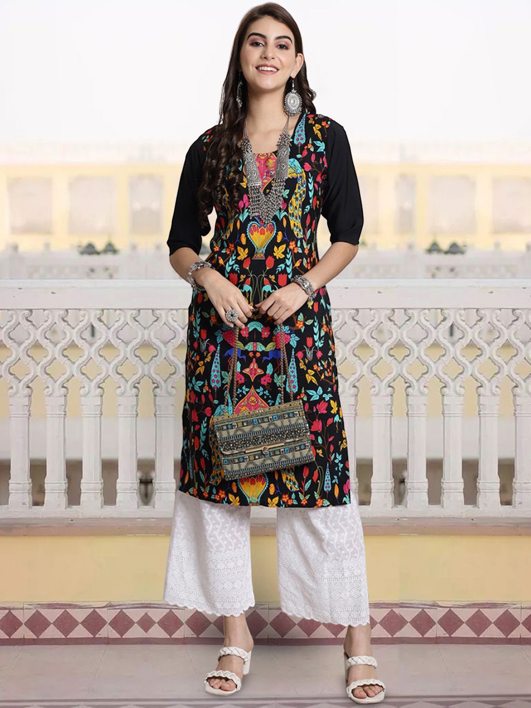 

7Threads Floral Printed Round Neck Straight Kurta, Black