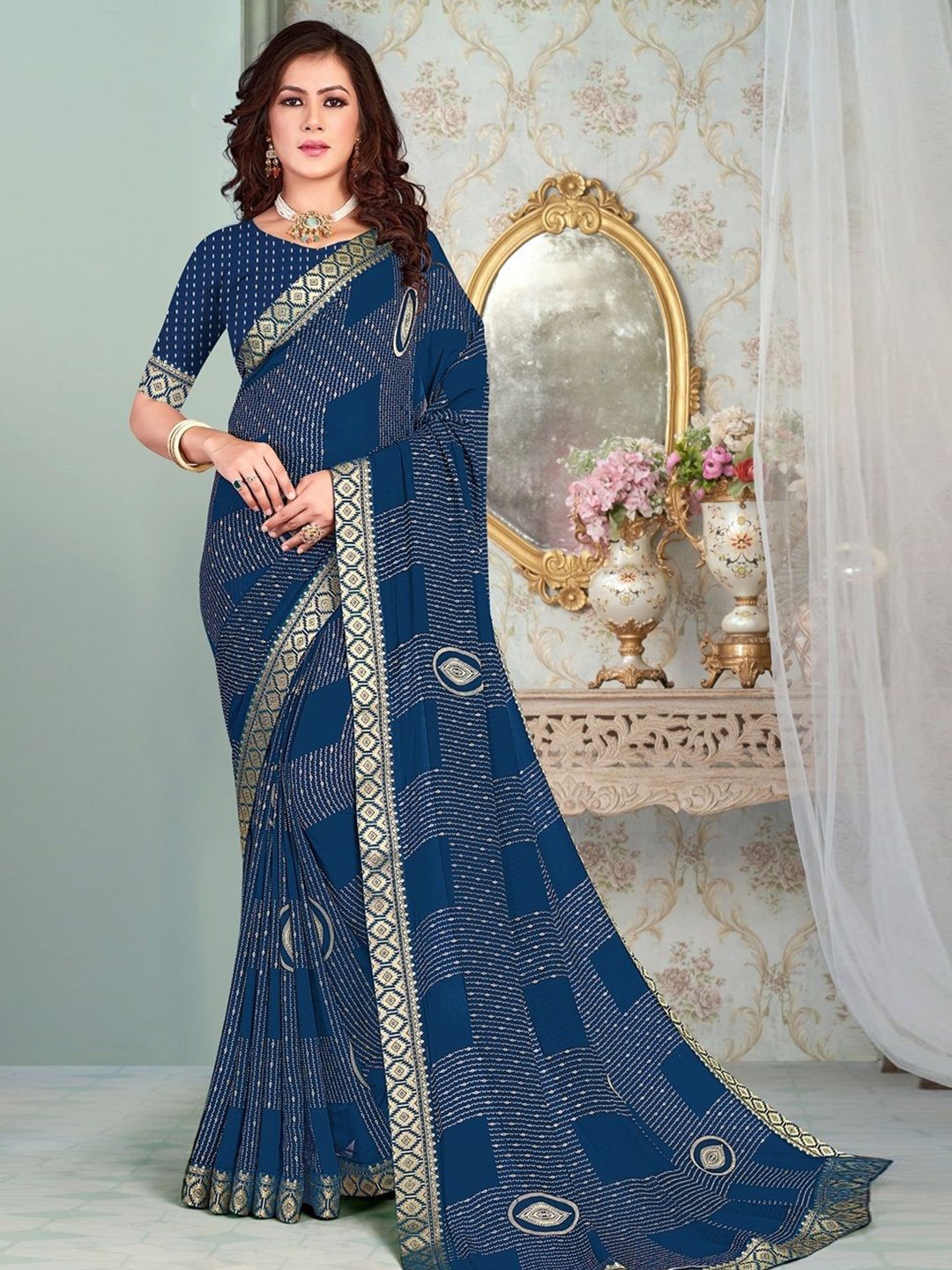 

Reboot Fashions Pure Georgette Saree, Navy blue