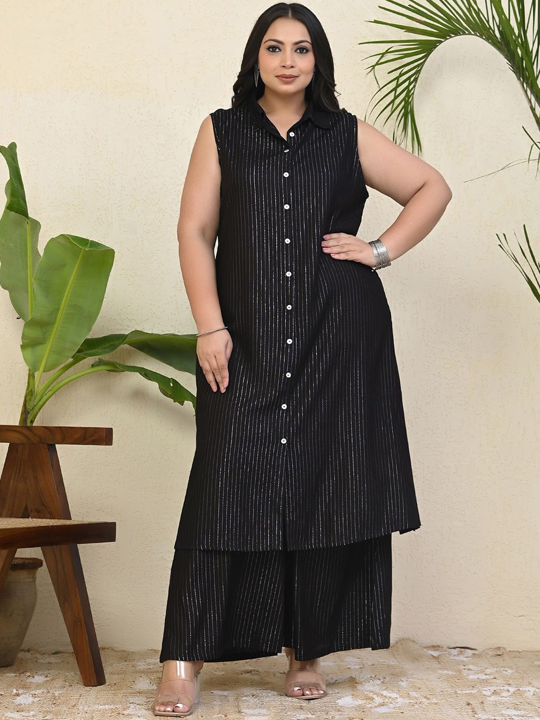 

Aspriya Plus Size Striped Shirt Collar A-Line Kurta with Palazzo, Black